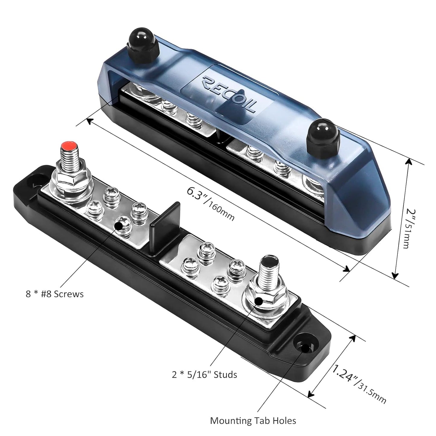 RECOIL BBPG5 Busbar Positive and Negative 2 x 5/16” Studs and 8 x #8 Screw Terminals Power Distribution Block with Ring Terminals