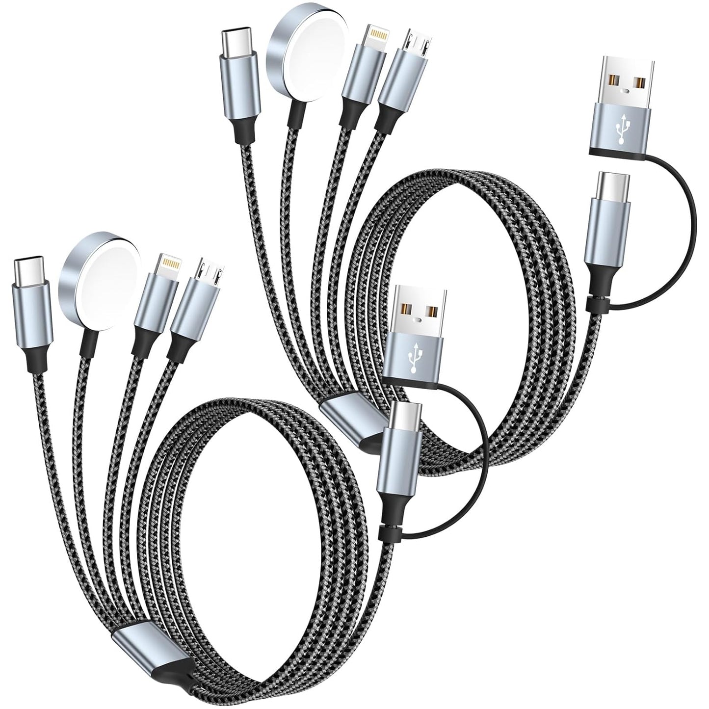 Travel Essentials 4 in 2 Multi Charging Cable for iWatch Charger(2Pack 5FT),USB A/USB C Multiple Charger Cable/Cord for All Devices Compatible for iWatch Ultra/SE/10-1,iPhone 16-11, Android,More
