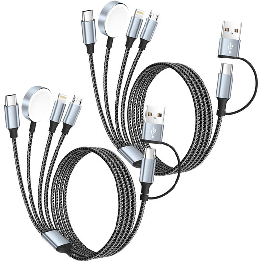 Travel Essentials 4 in 2 Multi Charging Cable for iWatch Charger(2Pack 5FT),USB A/USB C Multiple Charger Cable/Cord for All Devices Compatible for iWatch Ultra/SE/10-1,iPhone 16-11, Android,More