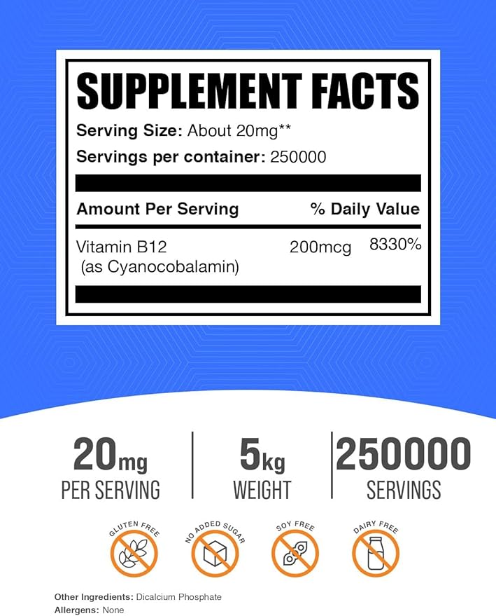 BulkSupplements.com Vitamin B12 Powder - as Cyanocobalamin, Vitamin B Supplement, Essential Vitamin - Gluten Free, 20mg per Serving, 5kg (11 lbs) (Pack of 5)
