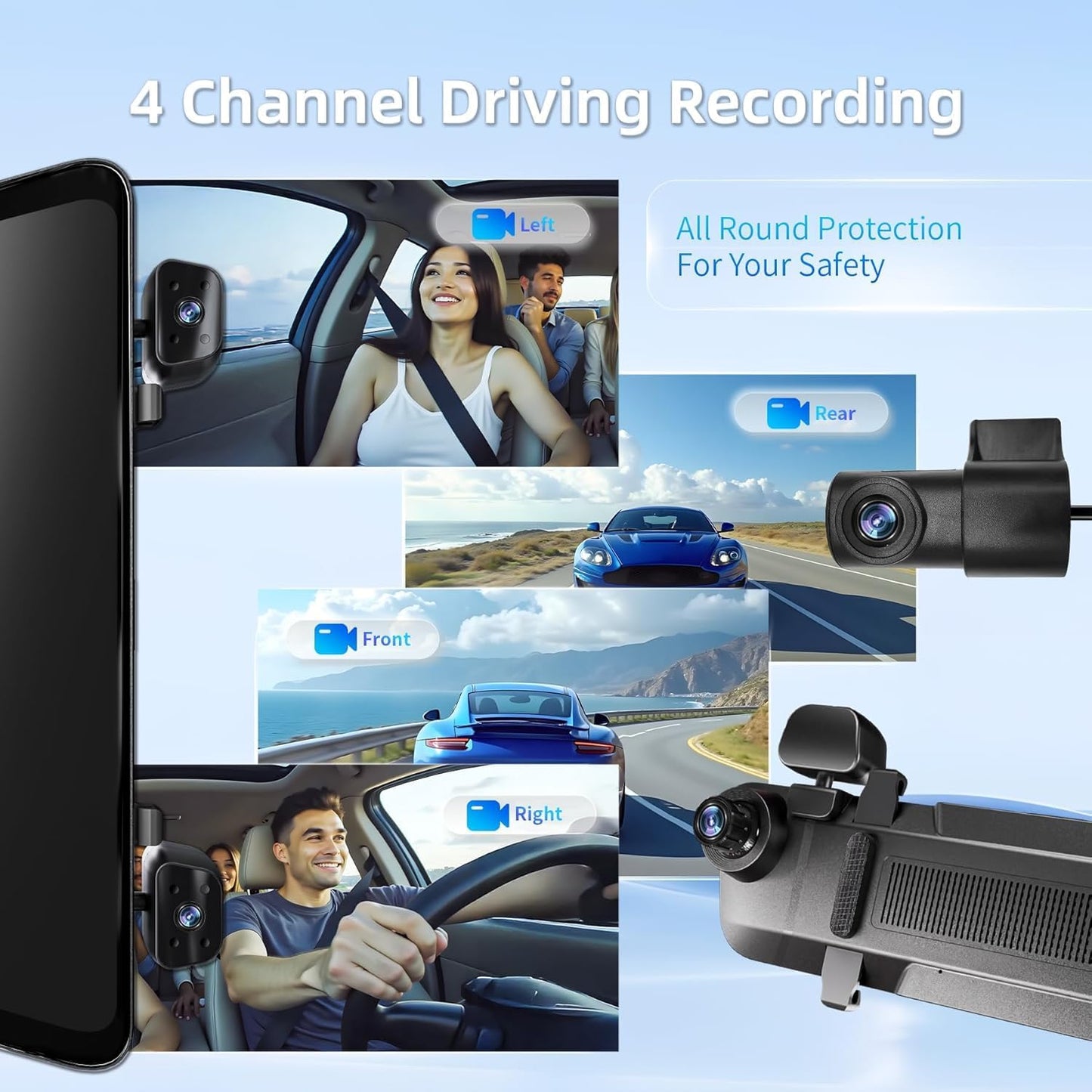 2025 Rear View Mirror Camera,4 Channel Mirror Dash cam Front and Rear 24/7 Recording,12" Touch Screen Dash Camera for car Trucks,Built-in WiFi,GPS,IR Night Vision,Free 128GB SD Card