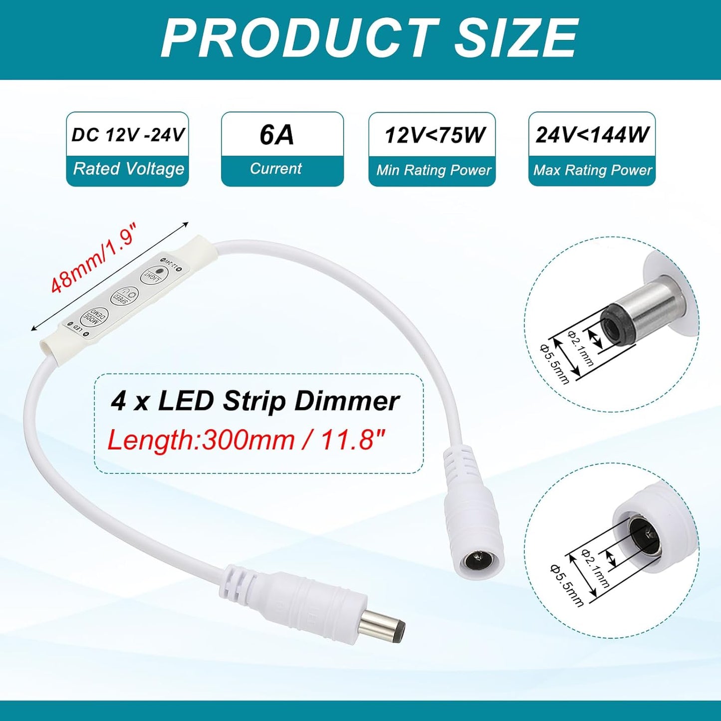MECCANIXITY LED Strip Dimmer, 12V to 24V 6A Mini Brightness Adjustable Controller Lamp Switch with DC Plugs for Single Color Strips, White Pack of 4