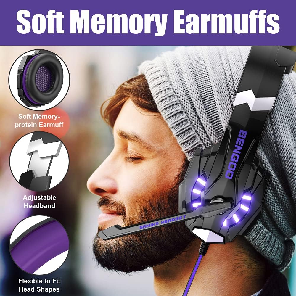 BENGOO G9000 Stereo Gaming Headset for PS5, PS4, PC, Xbox One Controller, Noise Cancelling Over Ear Headphones with Mic, LED Light, Bass Surround, Soft Memory Earmuffs - Purple