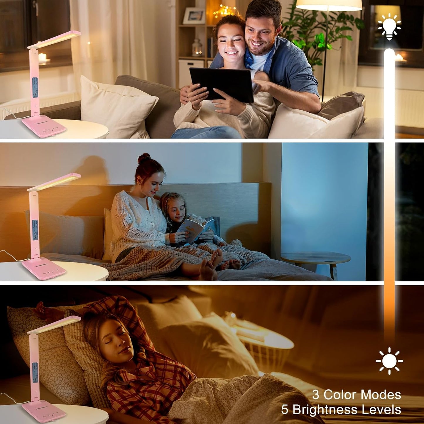 Desk Lamp with Wireless Charger，USB Charging Port, Dimmable Office Desk Light with Clock, Alarm, Date, Temperature, Foldable Lamp for Table Bedroom Bedside Office (Pink, Standard Size-13.3 inch)