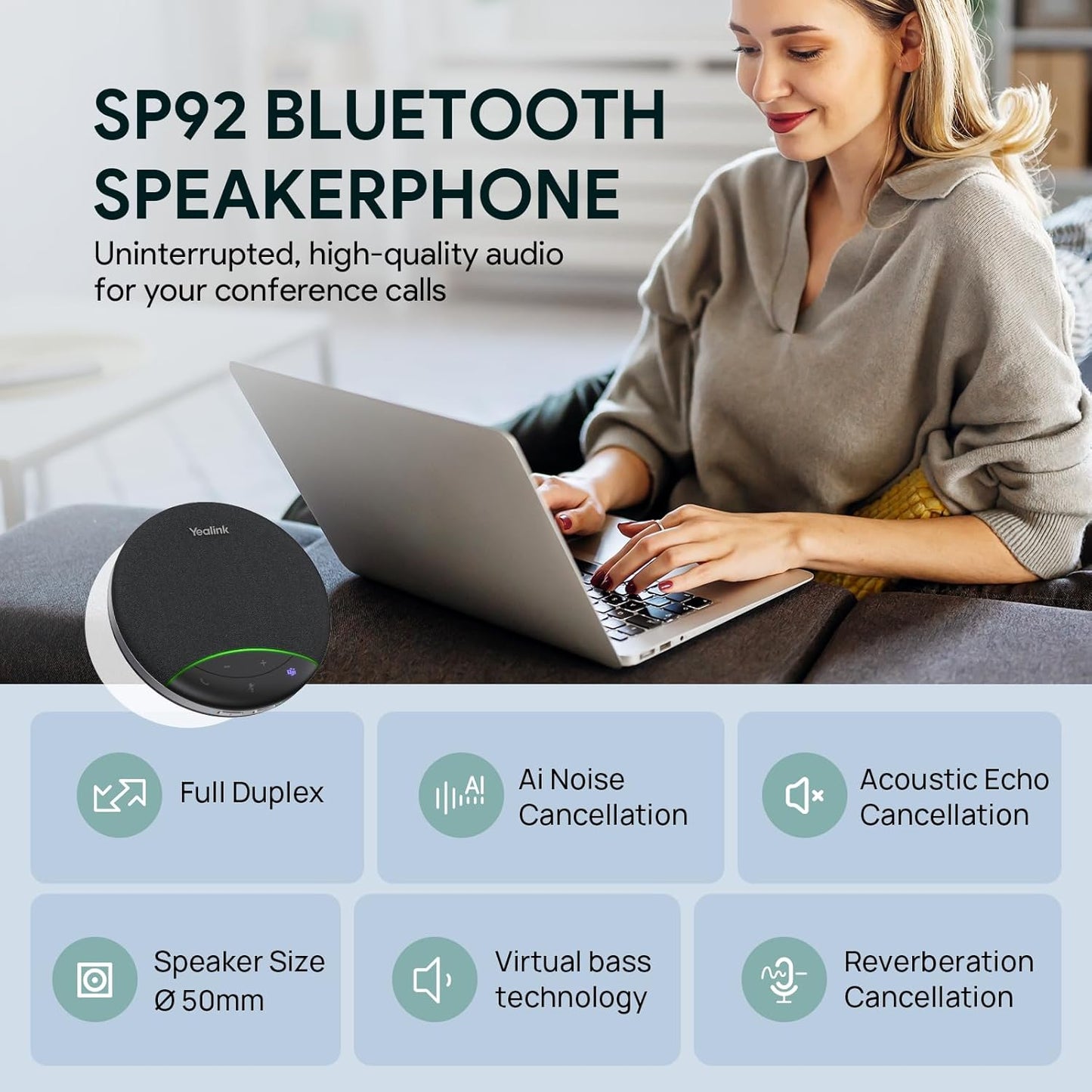 Yealink Sp92 Conference Speaker and Microphone Teams Certified Mic with Al Noise Cancelling 20H Call Time USB Speakerphone for Small Meeting Room, Bluetooth Speaker for Computer/Laptop