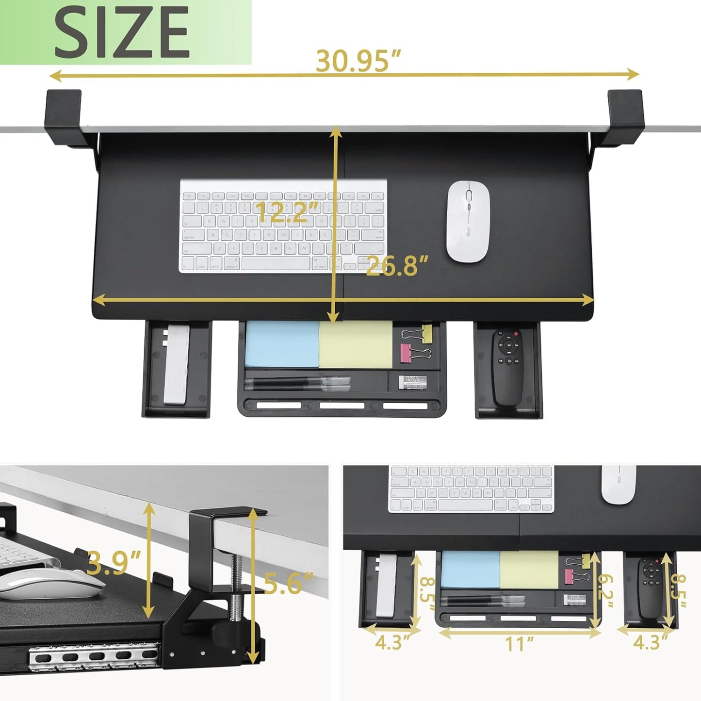 ETHU Keyboard Tray Under Desk, Pull Out Keyboard & Mouse Tray with C-clamp, Ergonomic Desk Keyboard Tray Slide Out, Pull Out Platform Drawer for Home and Office（Black）