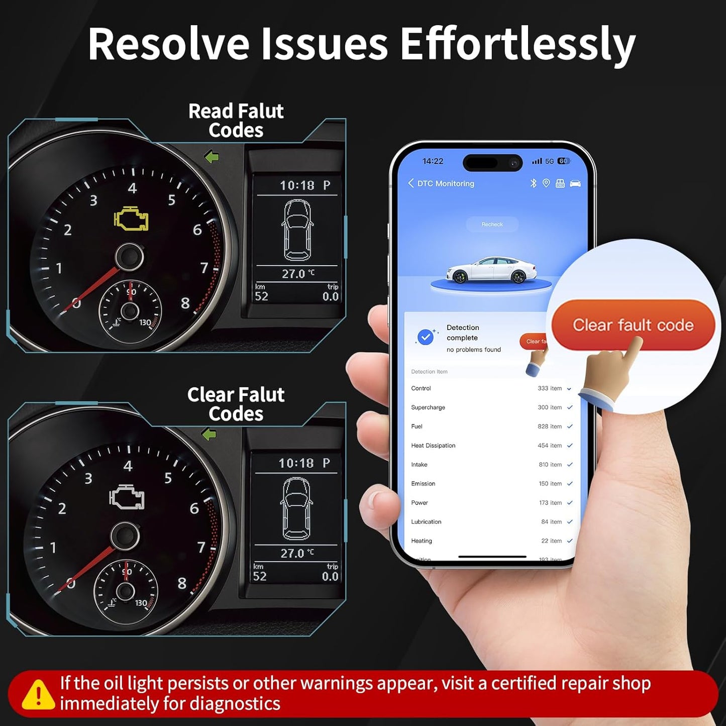 OBD2 Scanner for Car - Bluetooth 5.4 Codes can be Read and Cleared Quickly - Diagnosis of The vehicle's Engine, ABS, SRS, airbags and More Than 35,000 Problems Compatible with iOS and Android