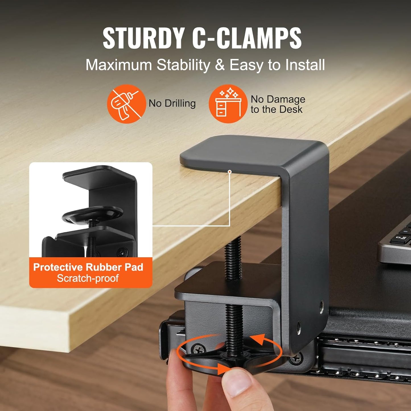 VEVOR Clamp on Keyboard Tray Under Desk, Desk Keyboard Tray Slide Out with Sturdy No-Drill C Clamp Mount, Large 26.8 x 11 inch Slide-Out Computer Drawer for Typing in Home, Office Work