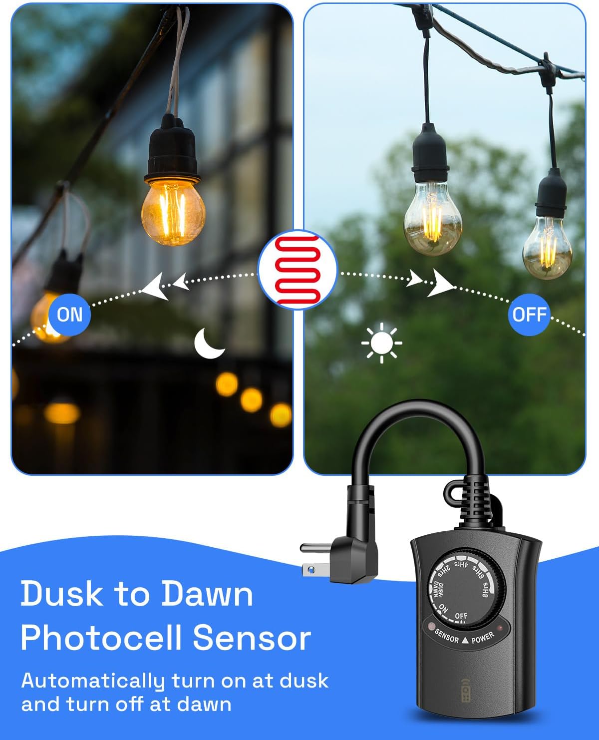 HBN Outdoor Light Timer with Remote Control, Waterproof Light Sensor Timer, 100 ft Wireless Range, 1 Grounded Outlet for Christmas Lights, 15A 1/2HP Heavy Duty