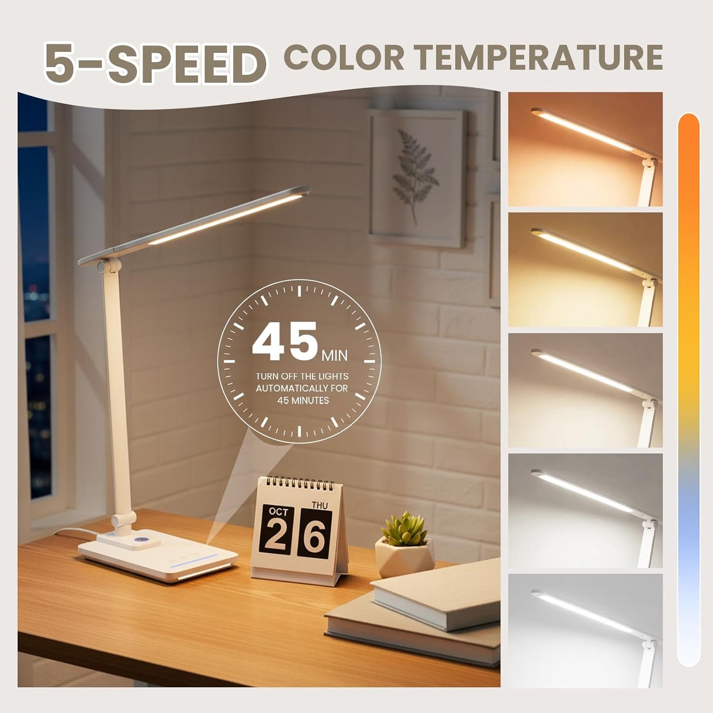 TECHNOVA LED Desk Lamp with 5 Color Temperatures | Sliding Stepless Dimming & One-Touch Timer | Foldable & Portable Design for Office/Study/Nail Art | USB Charging & Four-Axis Rotation for Small Desks