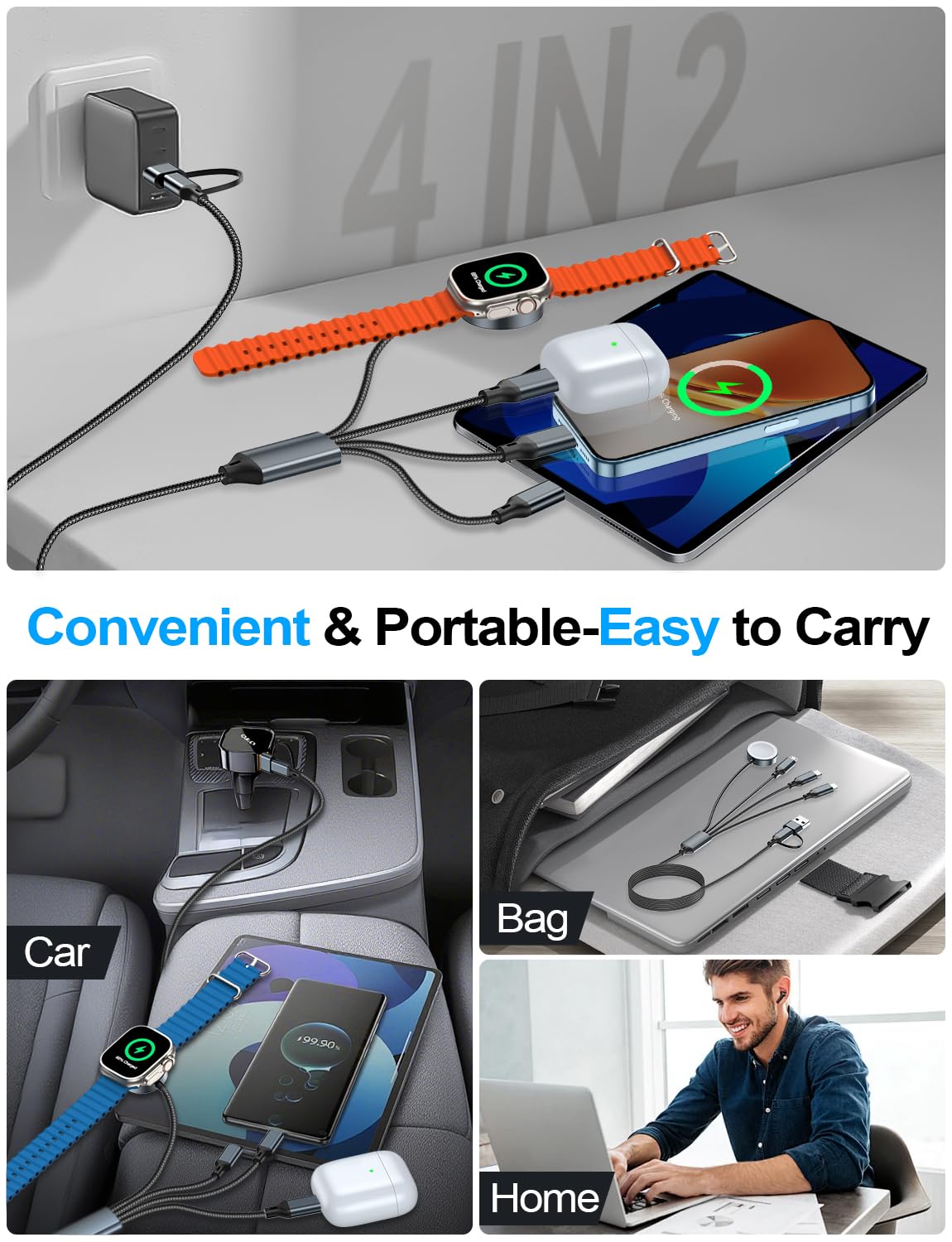 4-in-2 Multi Charging Cable for Apple Watch Charger/Samsung/iPhone Charger,Car/Office/Camping/Travel Essentials,Type C Cable Cord for iWatch Ultra/10-2/iPhone 16-11/Samsung S25-S20,iPad,airPods-Black