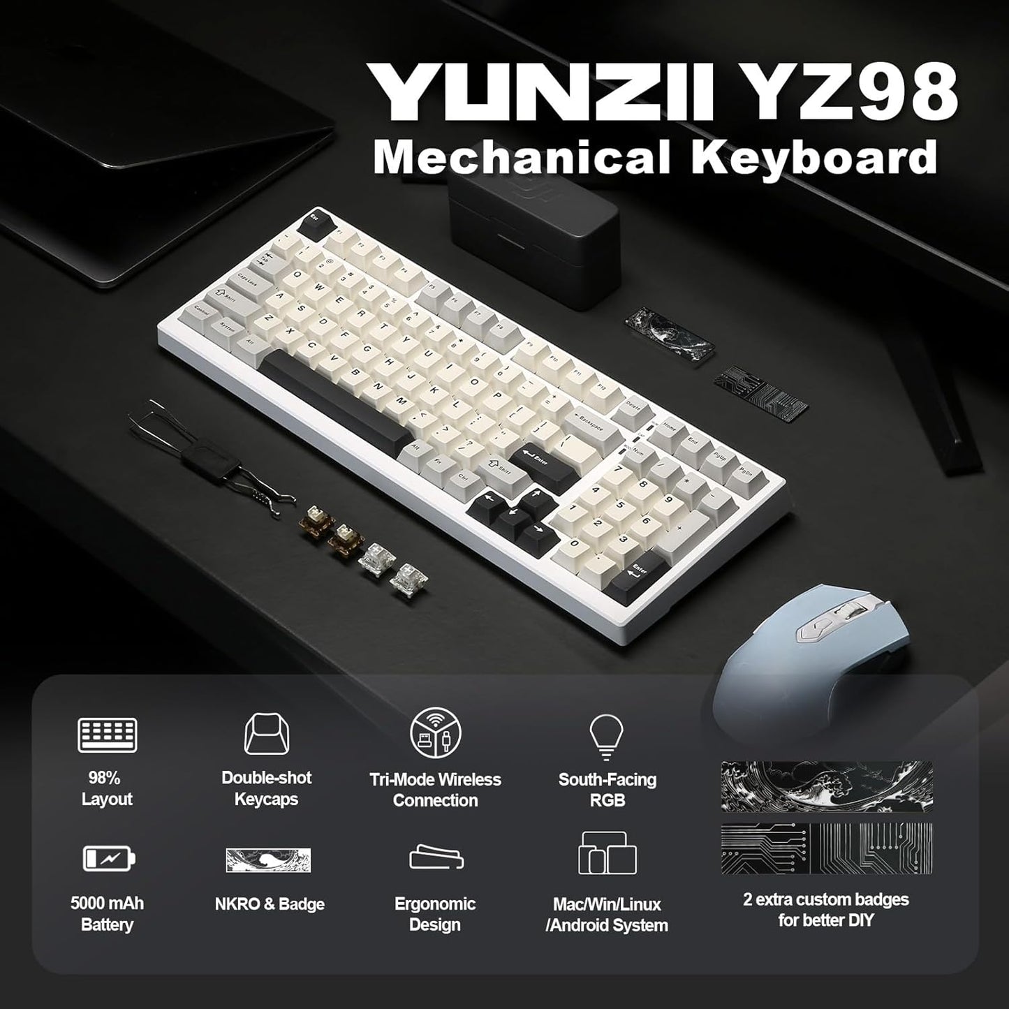 YUNZII YZ98 Gasket Mechanical Keyboard,99 Key Hot Swappable BT5.0/2.4G/USB-C Wireless NKRO 98% 1800 Layout with RGB LED Backlit for Linux/Win/Mac(White, Cocoa Cream V2 Switch)