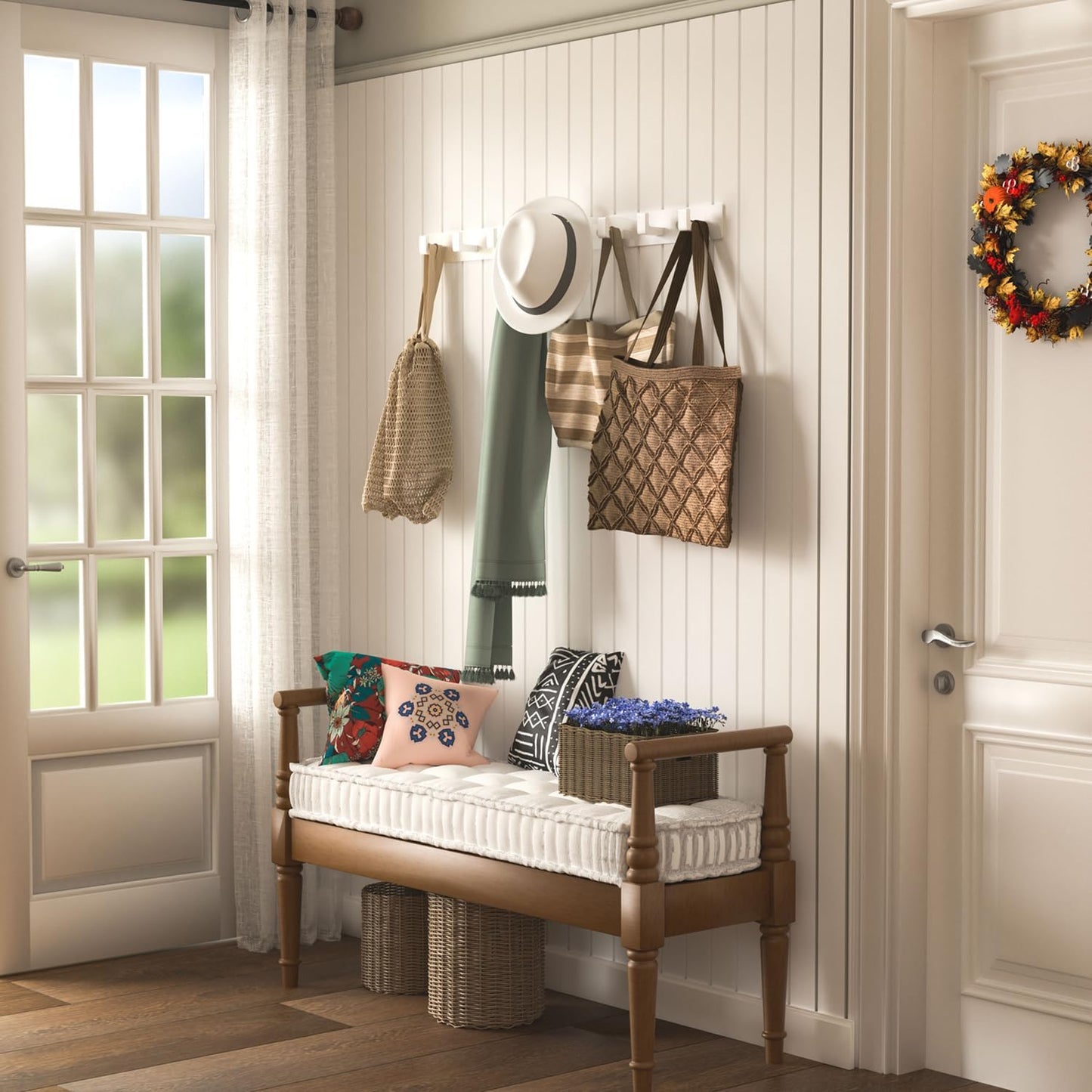 White Wall Mounted Coat Rack - 2 Modular Rails (25'' Total), 8 Right-Angle Hooks, Modern Organizer for Entryway, Bathroom, Bedroom, Holds Coats, Towels, Hats