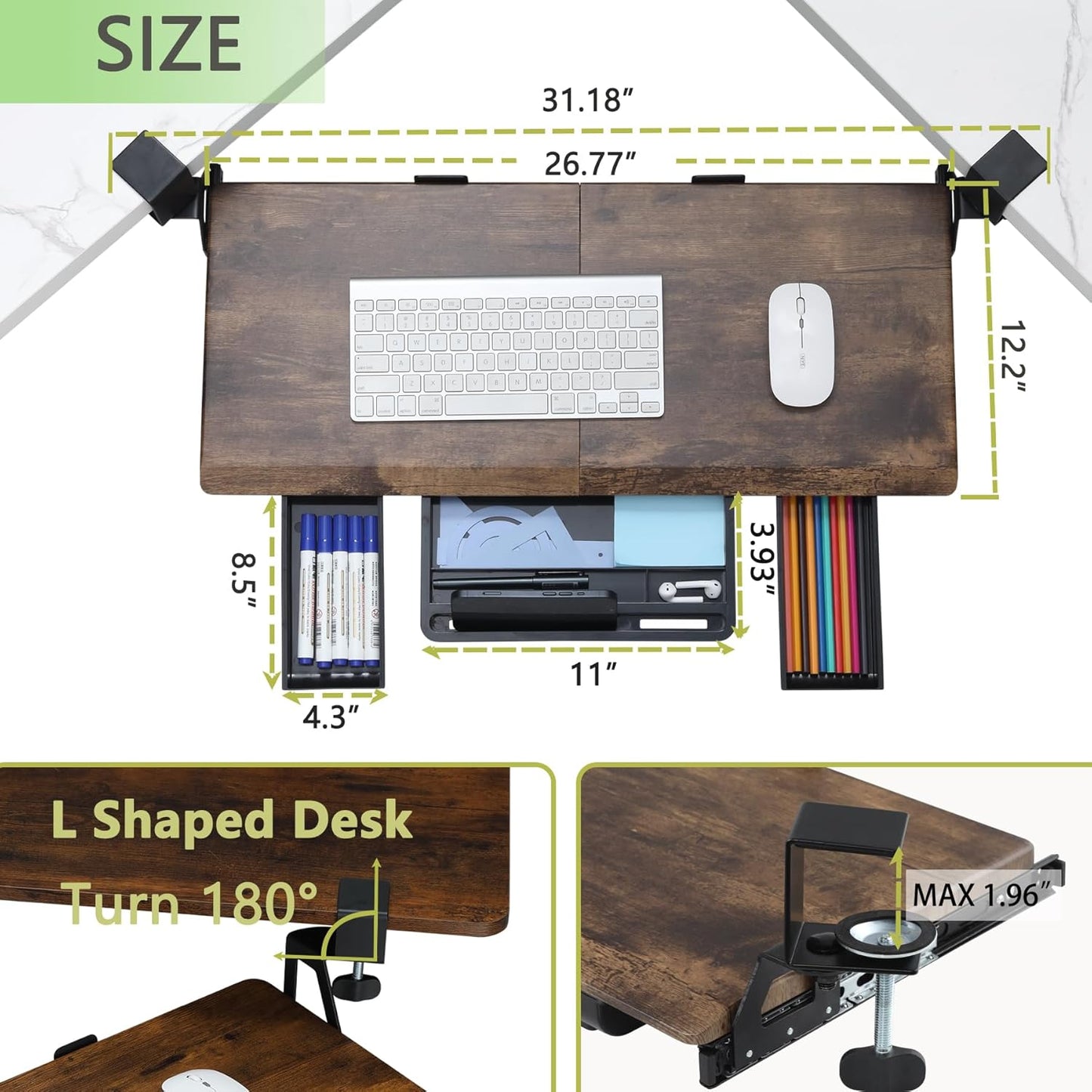 ETHU Keyboard Tray Under Desk, Ergonomic Corner Keyboard Tray with 180° Adjustable C Clamp for L Shape Desk 26.77" X 12.2" Easy to Install, Computer Keyboard Stand for Home and Office(Wood)