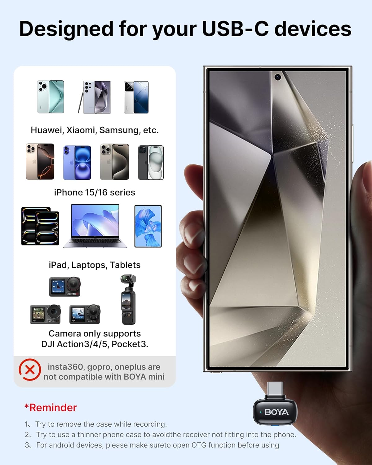 BOYA mini Wireless Lavalier Microphone for Android/Tablets/PC with USB C Plug,Noise Reduction,30H Battery Life with Charging Case,AI Voice Changer,Lapel Microphone Wireless for Video Recording Podcast