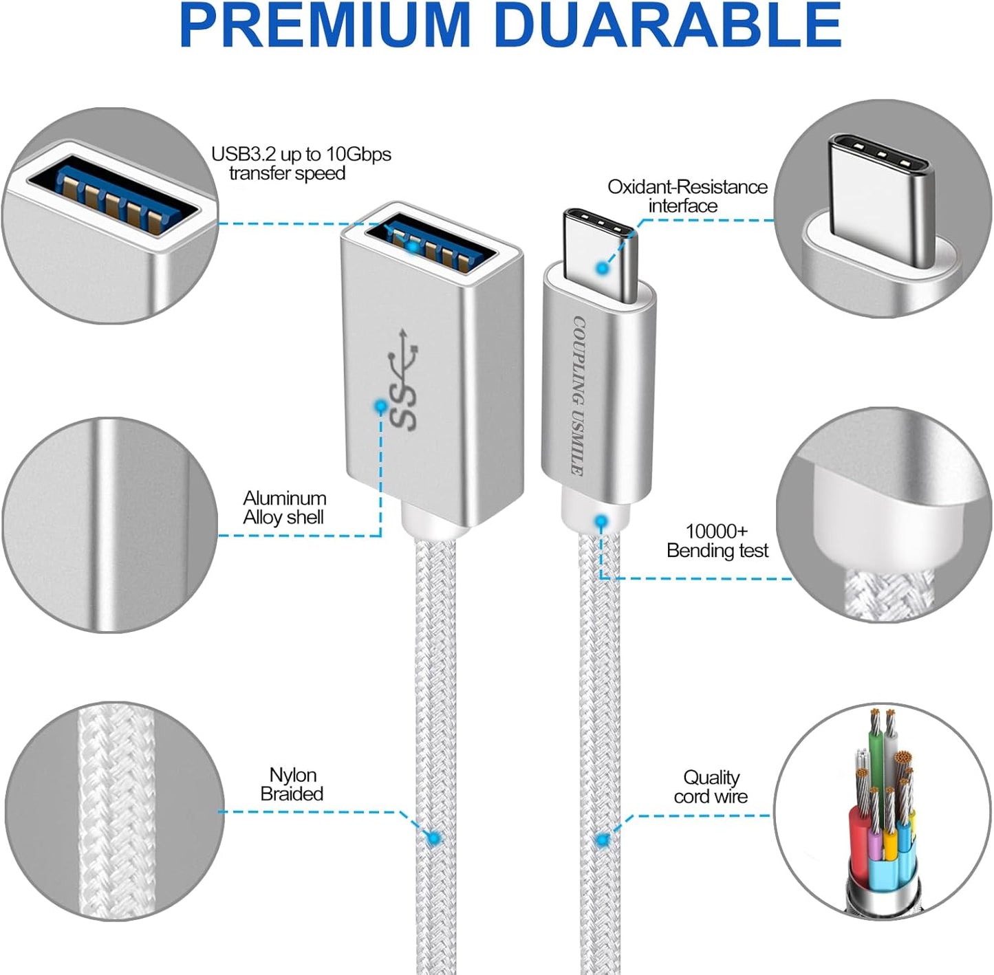 USB C to USB 3.2 Adapter [2pcs Silver], Transfer up to 10Gbps, Type C to USB(Male-Female OTG Cable USBC to USB Adapter Compatible with MacBook Pro/Air, iPhone 15 Pro Max Plus