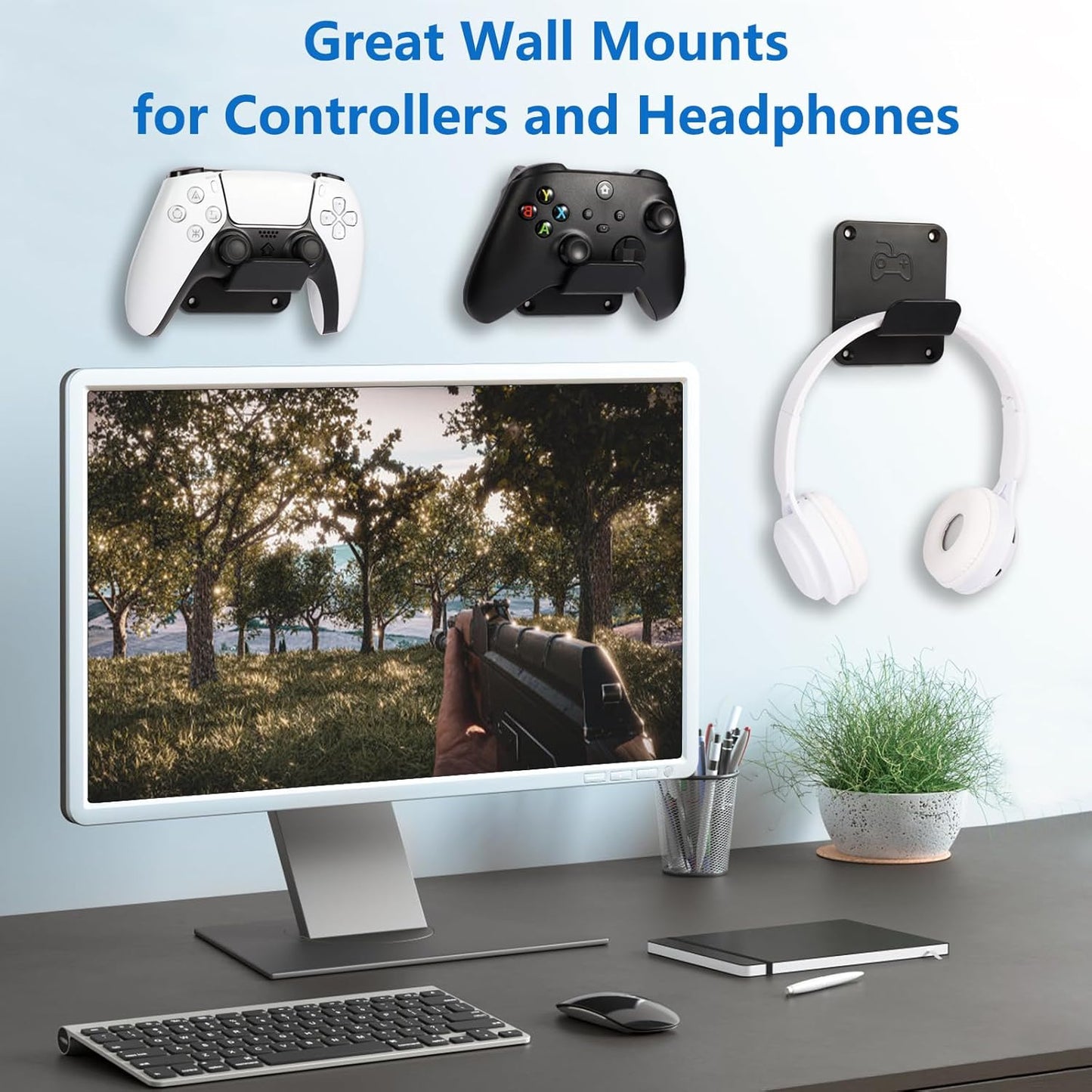 Controller Holders Wall Mount 3 Pack Wall Stands With Non-Slip Pads, Premium Headphone Mount for Controllers and Headsets, Black, YCKJ-WM-01