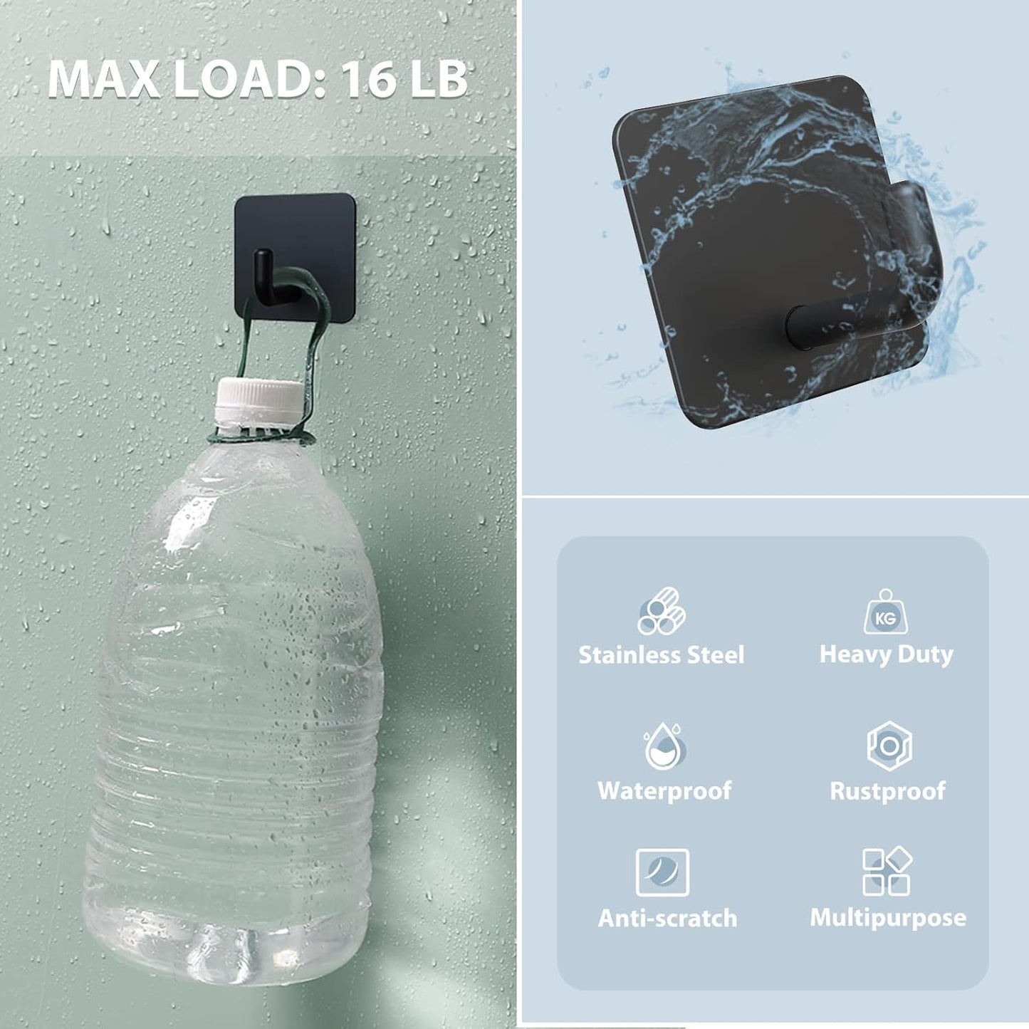 VIS'V Adhesive Hooks, Metal Shower Wall Stick on Hooks, Waterproof, 2 Extra Adhesive Strips, Black, 4 Pcs