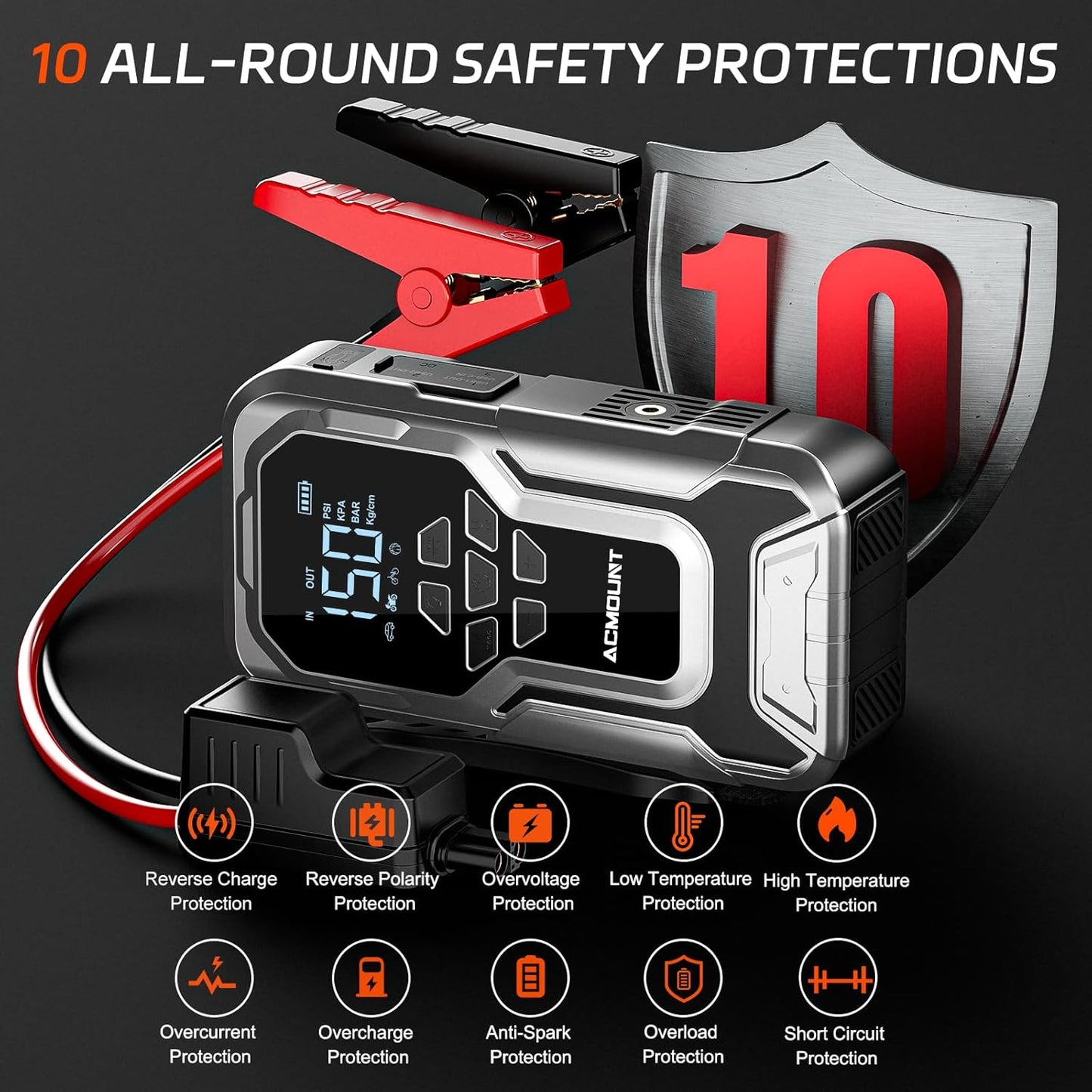 Jump Starter with Air Compressor, 6000A Car Battery Jump Starter (All Gas/10.0L Diesel), 150PSI Tire Inflator, 12V Jumper Pack with LCD Display & LED Light, Portable Air Pump, 21800mAh Battery