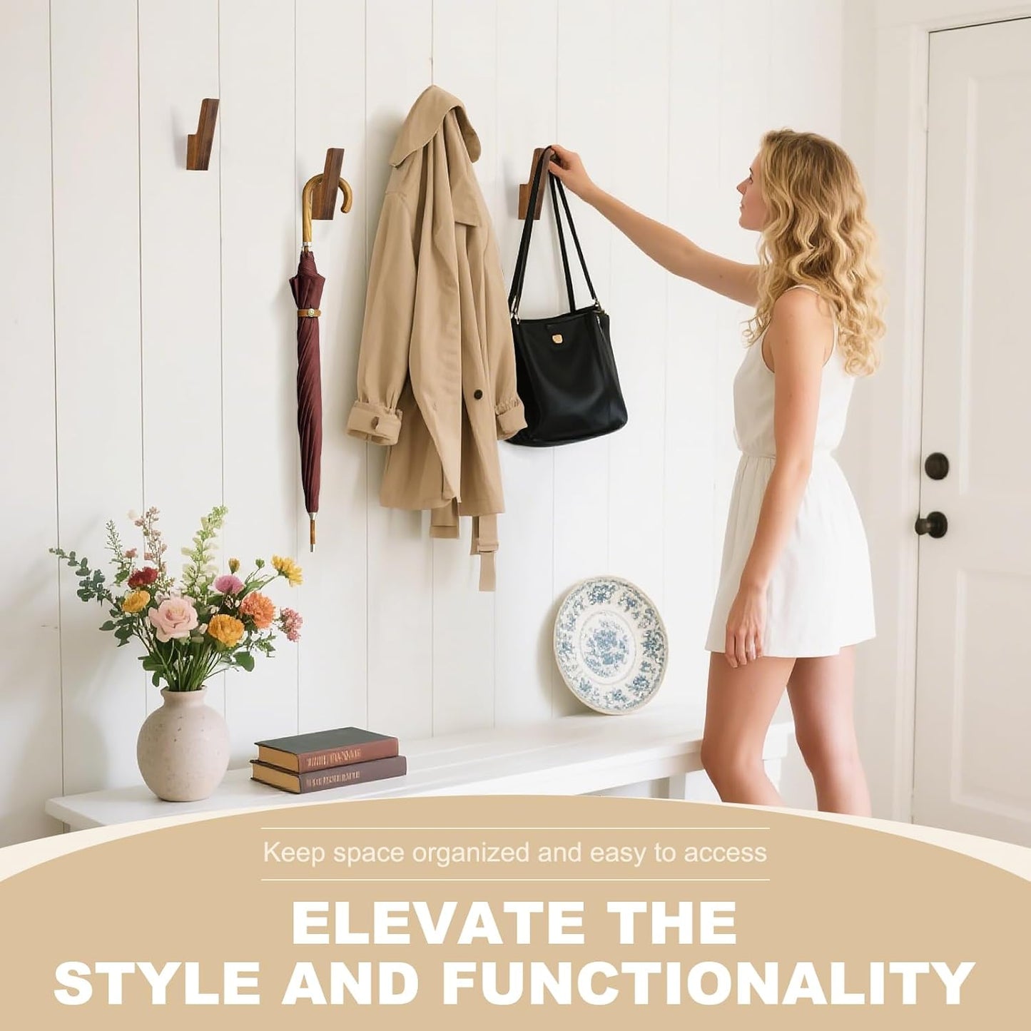 VIS'V Walnut Wall Hooks, Wall Mount Wooden Coat Hooks for Entryway Cubicle, Brown, 4 Pcs