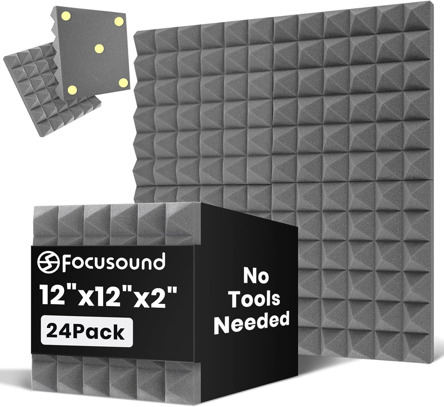 Focusound Grey Acoustic Panels 24 Pack 2"x12"x12" with 120 PCS Double-Side Adhesive - Sound Proof Pyramid Foam for Walls, Home Studio Noise Absorption & Echo Control Kit