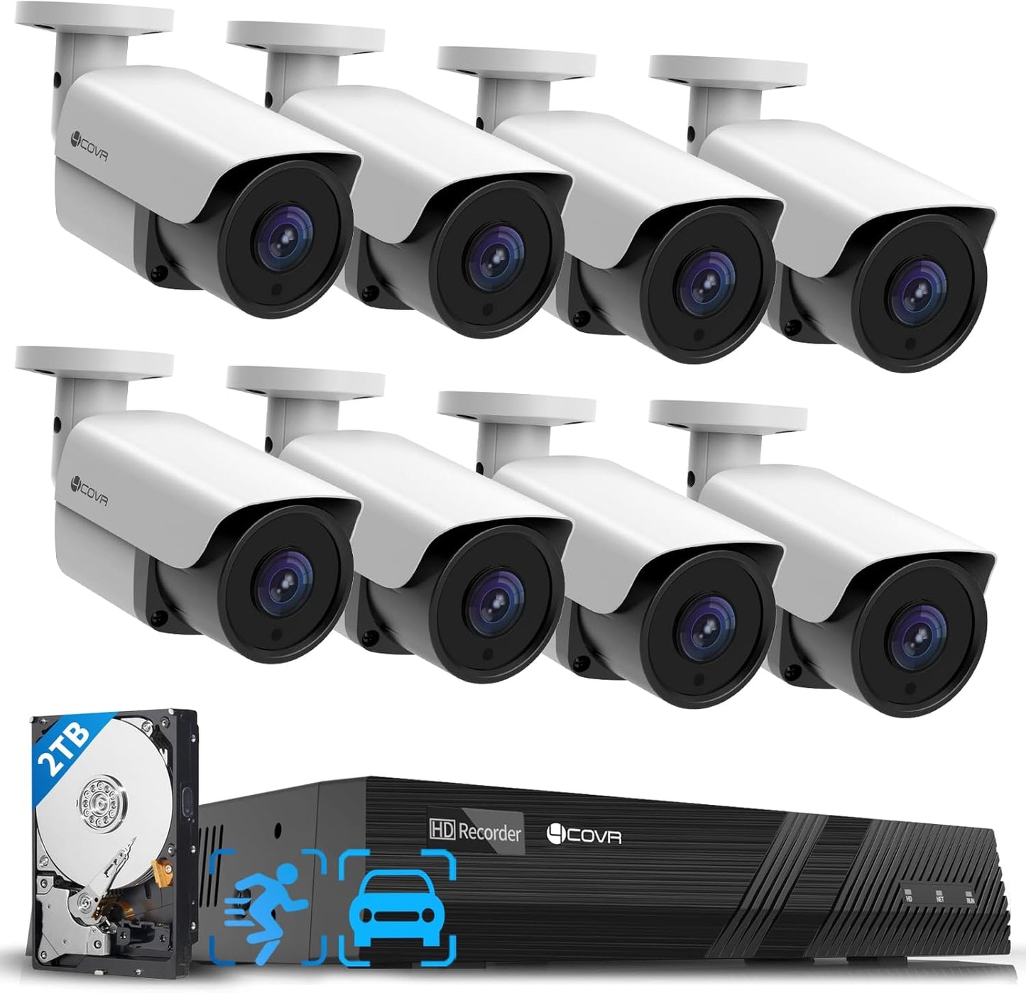 4COVR 4K Surveillance & Security Camera System, 8CH NVR 2TB HDD, AI Human Vehicle Detection, 8X 8MP Commercial IP67 PoE IP Bullet Camera Built-in Mic with Night Vision, 24/7 Recording, LY37EX8M0808