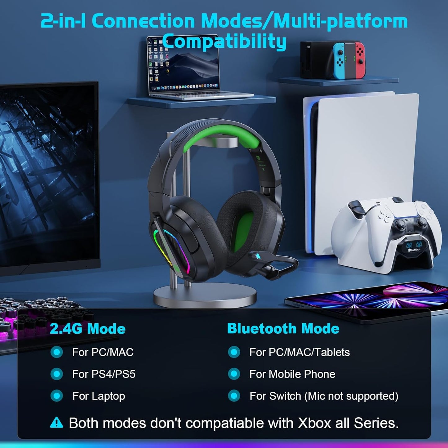 FC200 Wireless Gaming Headset for PS5, PS4-2.4GHz USB Foldable Headphones with Mic - 3D Stereo Bluetooth Headset with 50Hrs Battery Life, for Switch, PC, Mac, Mobile