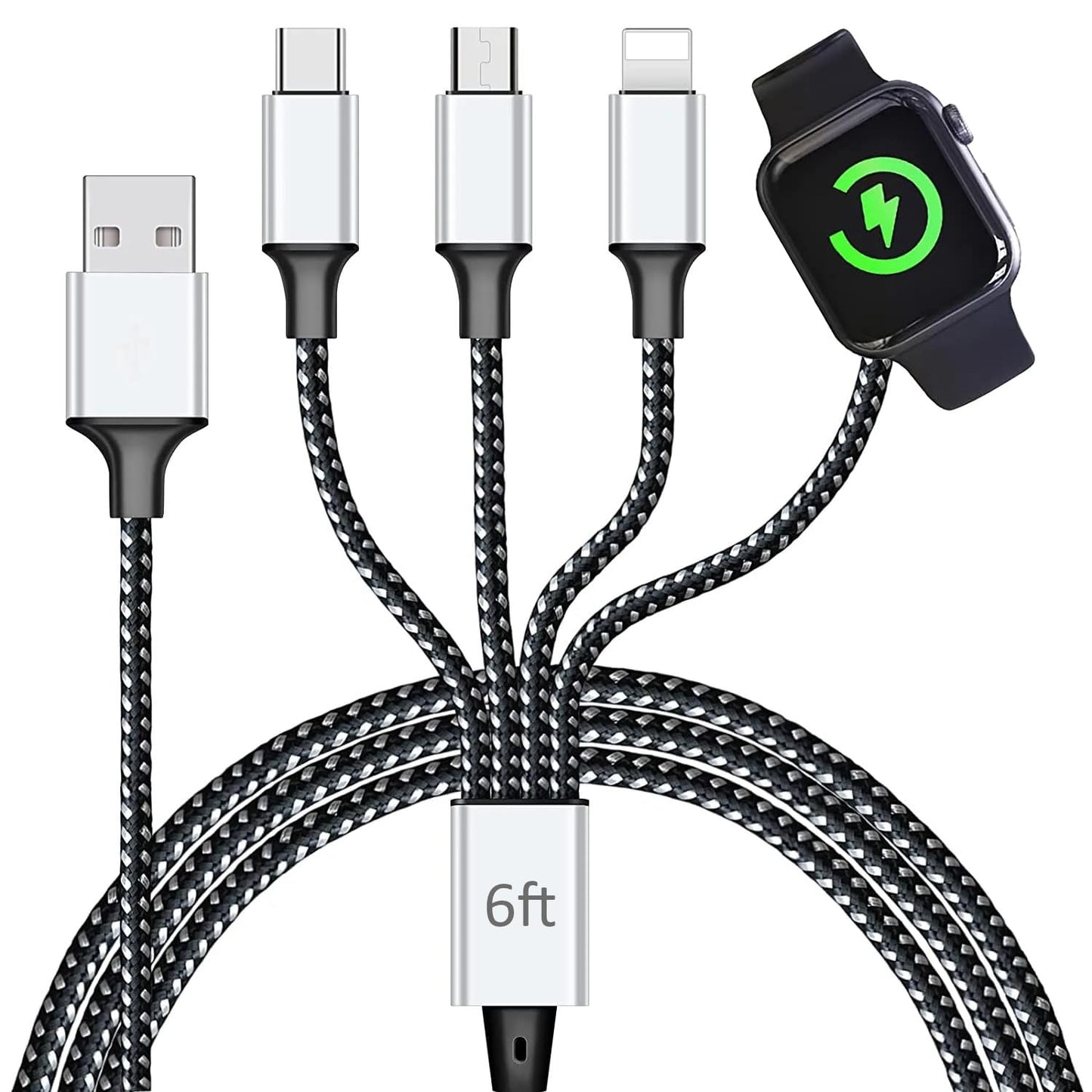 Multi Charging Cable for Apple Watch, Magnetic Wireless Charger, 4 in 1 Nylon Braided Cord for Multiple Devices, USB C/Micro Port/Compatible with iWatch Series 10-1/iPhone 16 15 14/iPad/Android - 6FT