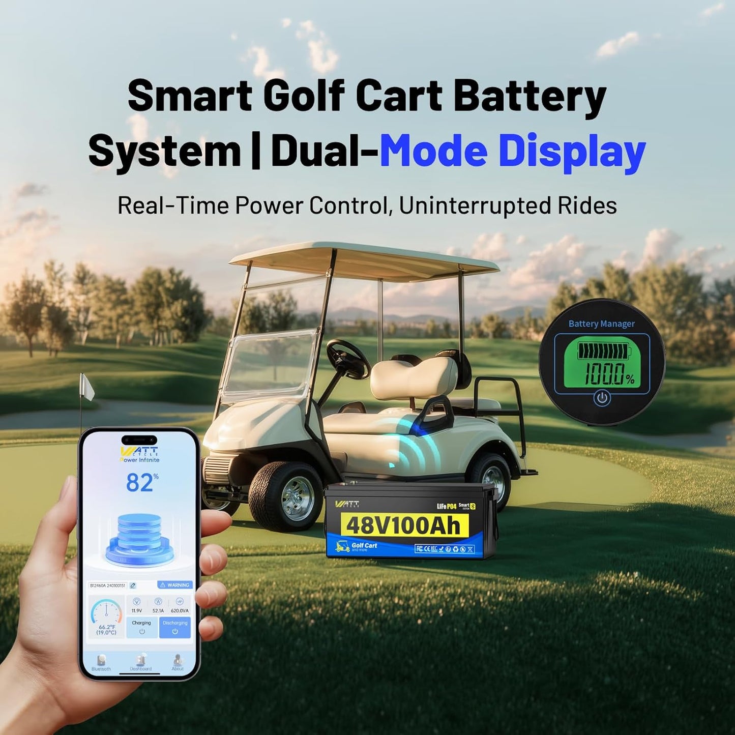 48V Lithium Battery Golf Cart Built-in BMS 200A Bluetooth, 48 Volt 100Ah Lithium Battery for Golf Cart with 15A Charger, Vibration-Resistant Structure, 10 Years Lifespan Deep Cycle 15000+
