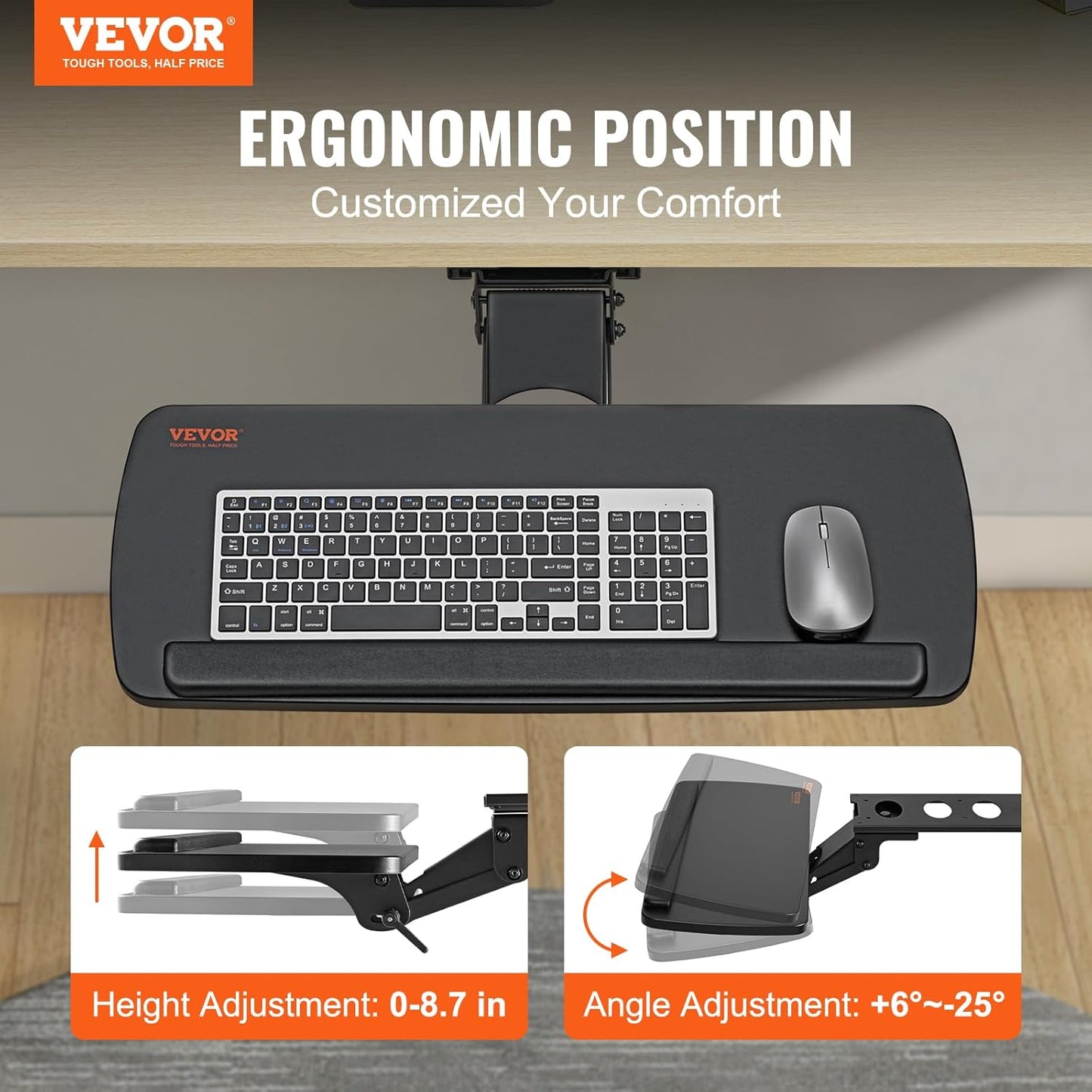 VEVOR Under-Desk Keyboard Tray, Adjustable for Height and Tilt, Slide-Out Design, Spacious 25x9.8 Inch Surface, Ideal for Home and Office Use