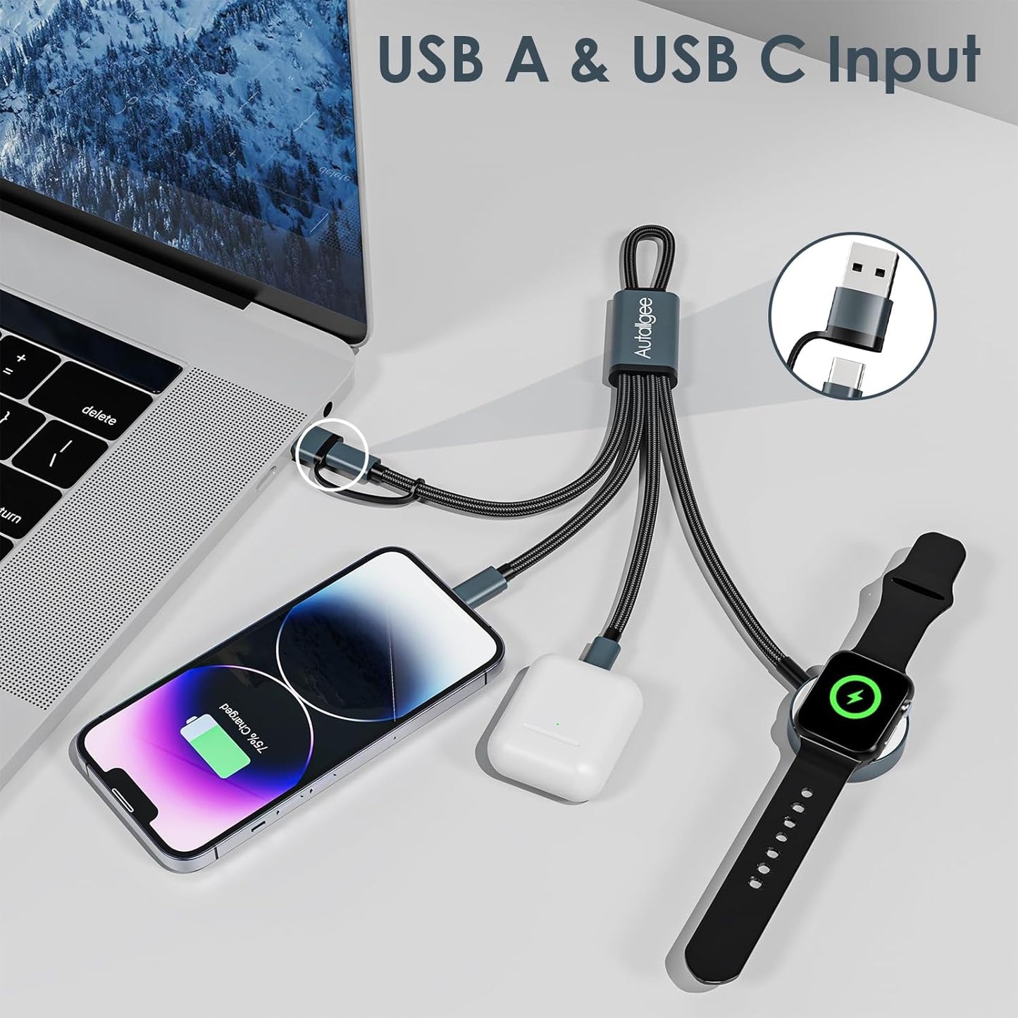 Short 8inch 3 in 2 Multi Charging Cable for Apple Watch Charger USB C iWatch Charger Fast Charging Cable Compatible with iWatch Ultra/SE/10/9/8/7/6/5/4/3/2/1 iPhone 16/15/14/13/Galaxy S23