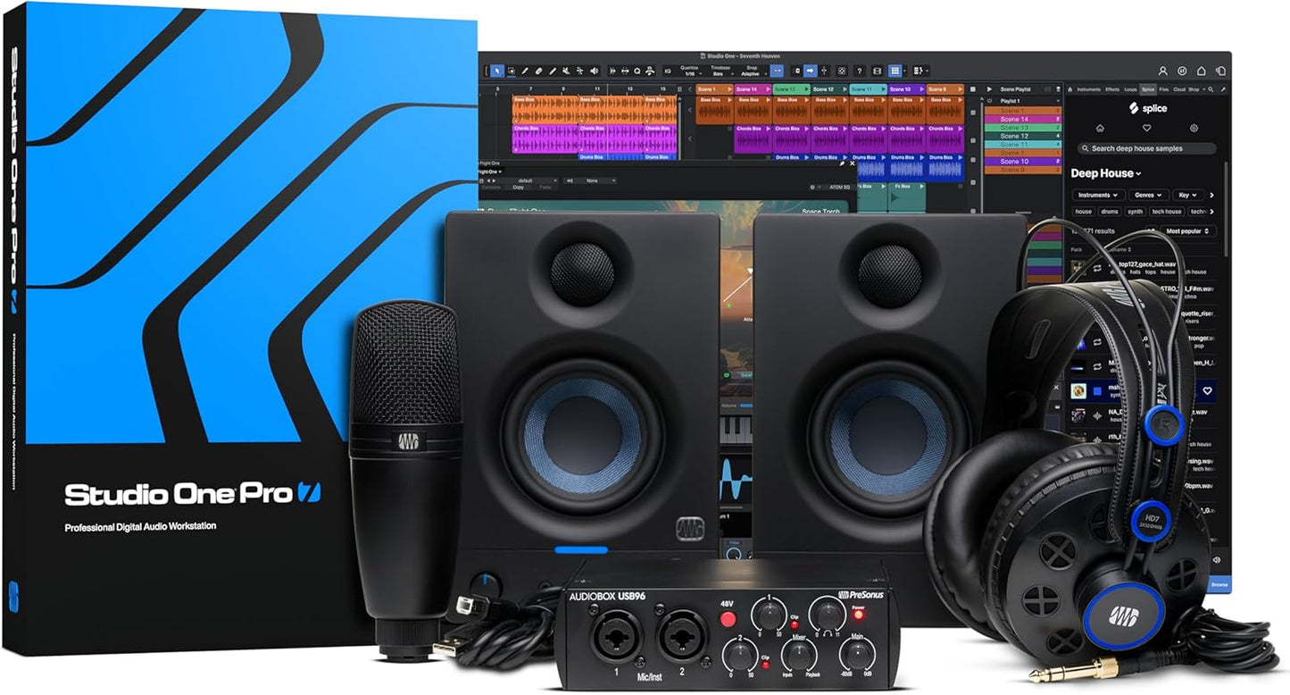 PreSonus AudioBox USB 96 Bundle — USB Audio Interface, XLR Interface for Guitar, Device for PC & Mac, Complete Recording Package with Studio One Pro, Music Production, Home Studio
