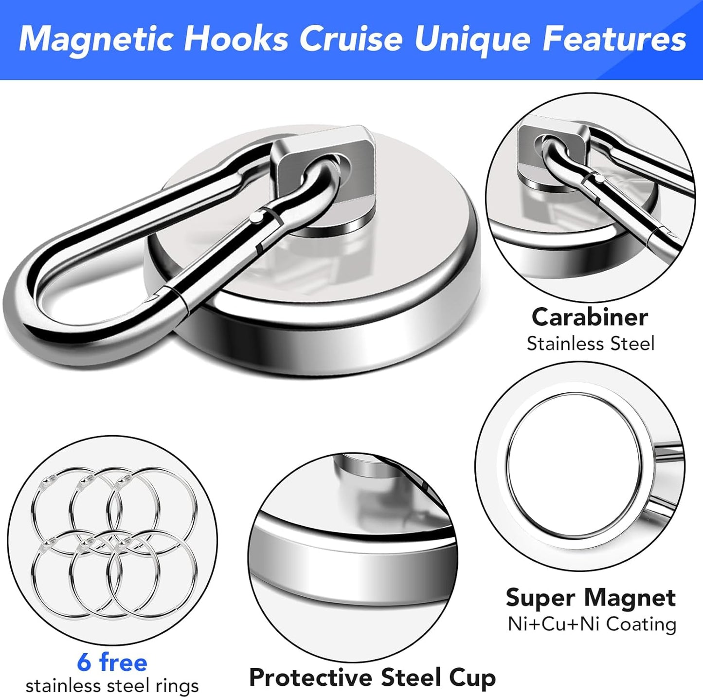 LOVIMAG Magnetic Hooks Heavy Duty, 150LBS Super Strong Magnet Hooks Magnetic Hook Cruise, Neodymium Magnets with Swivel Carabiner Hook for Hanging, Kitchen, Cruise Cabins, Grill, Tool Room-6 Pack