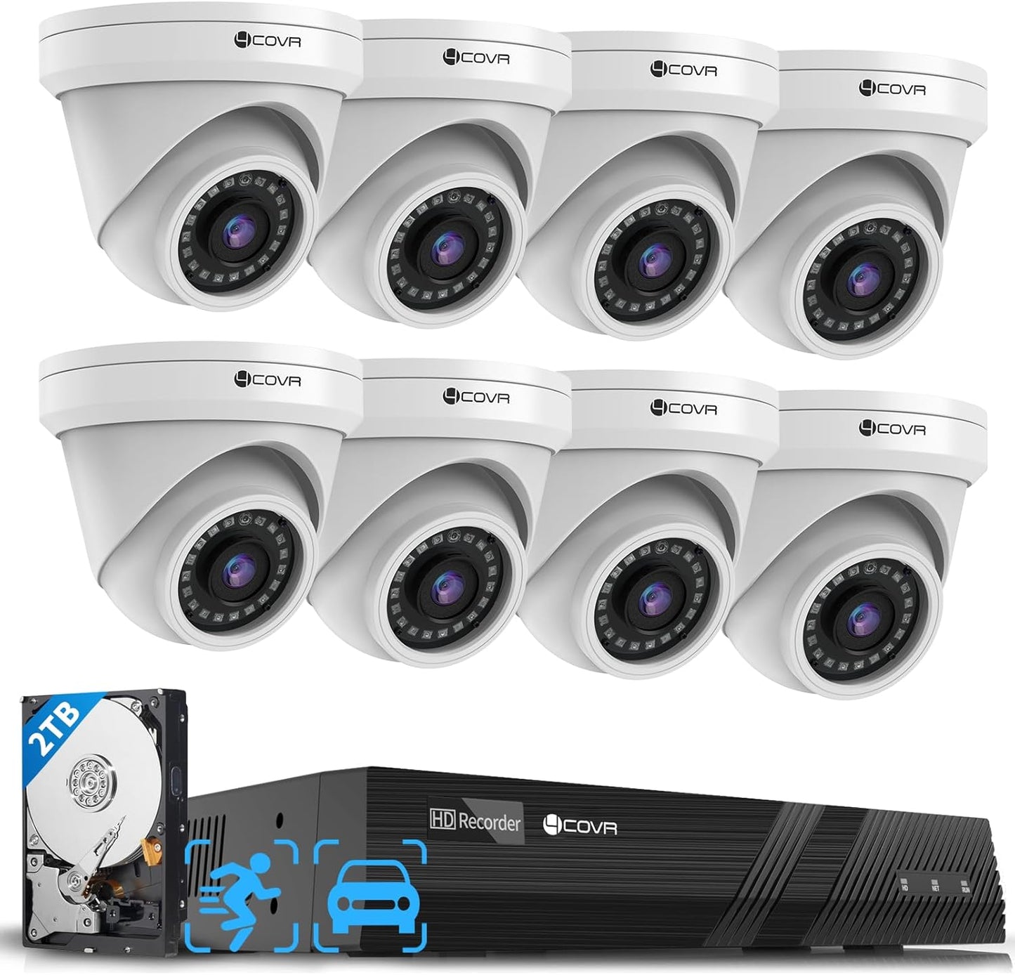 4COVR Security Camera Outdoor System, 4K 8 Channel H.265 NVR with 2TB HDD, AI Human Vehicle Detection & Night Vision, 8X 5MP Commercial IP67 Dome IP Camera Built-in Mic, 24/7 Recording, LY97AX5M0808