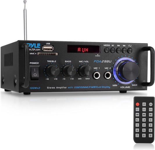 Pyle 200W Wireless Bluetooth Stereo Power Amplifier - 2-Channel Audio Receiver with RCA - USB - SD - MIC IN - FM Radio - Remote Control - AUX Input for Home Theater & Studio Use - PDA29BU.6