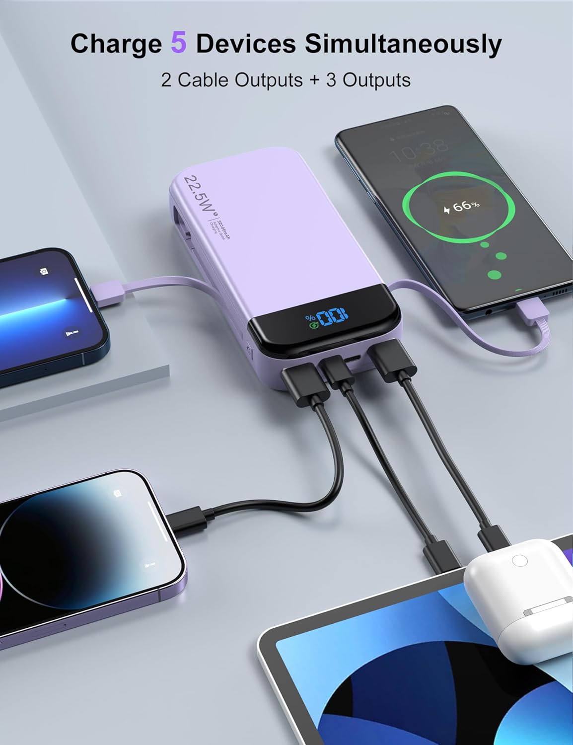 Portable Charger Power Bank 32000mAh with Built in Cables, PD3.0 USB C Fast Phone Charger, 5 Outputs LCD Display Travel Battery Pack Compatible with iPhone, Samsung All Cell Phones (Purple)