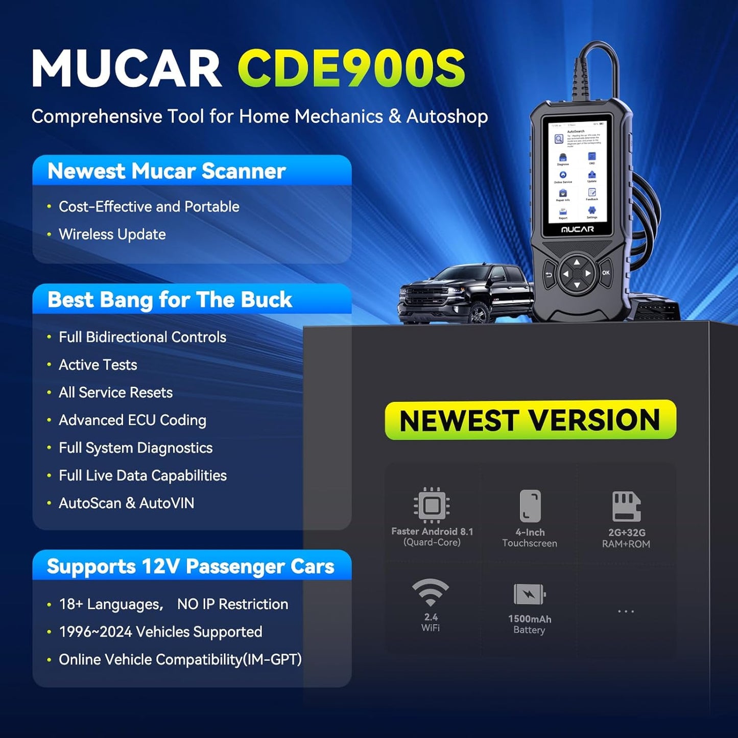 MUCAR CDE900S Bidirectional Scan Tool Fit for Ford, OEM Full Systems Car Code Reader, All Services, Bi Directional OBD2 Scanner with ECU Coding, Wireless Update