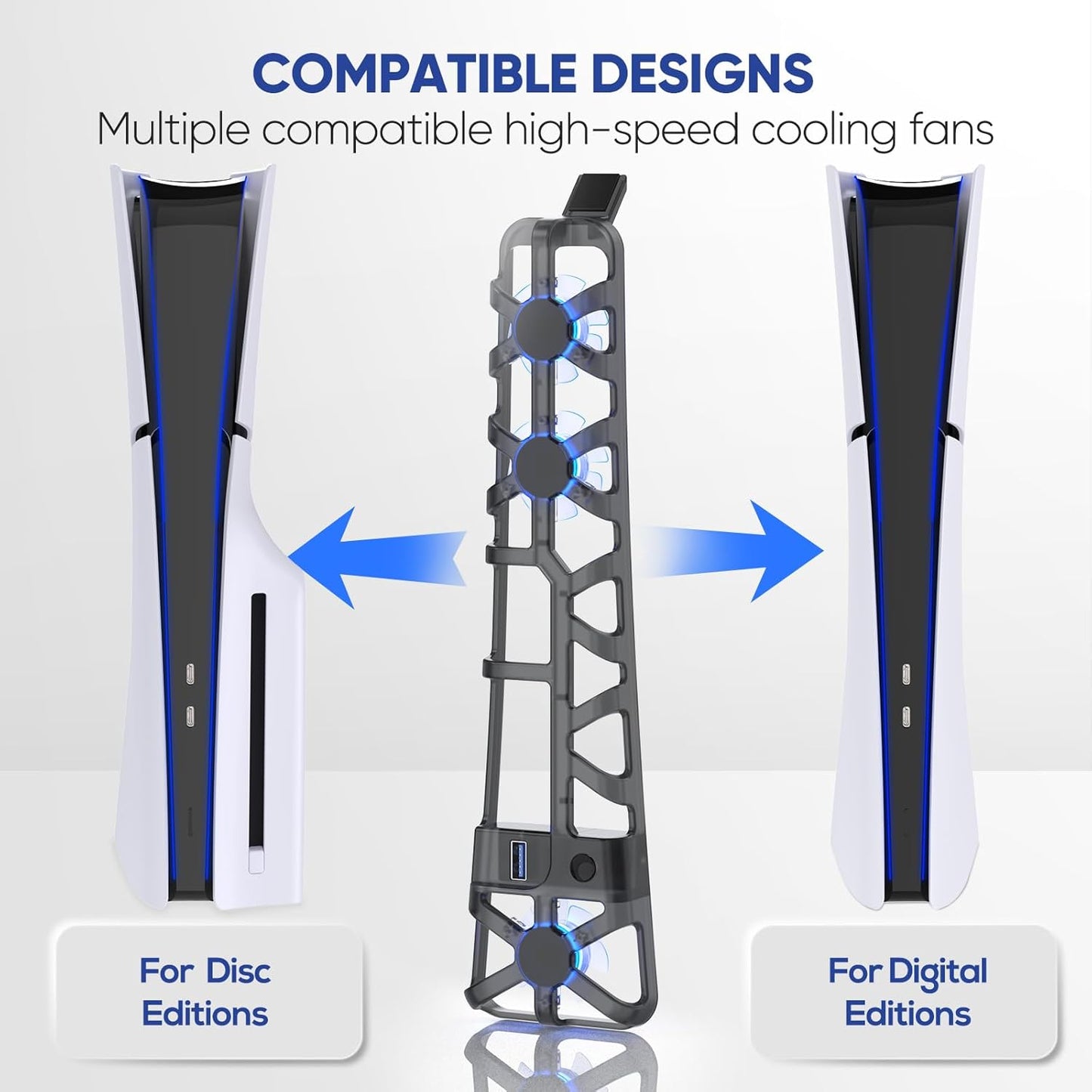 PS5 Slim Cooling Fan with LED Light, Adjustable Speed (3 Speeds Mode), USB 3.0 Port, Silent Enhanced Cooling Fan Compatible with PS5 Slim Disc & Digital -Black