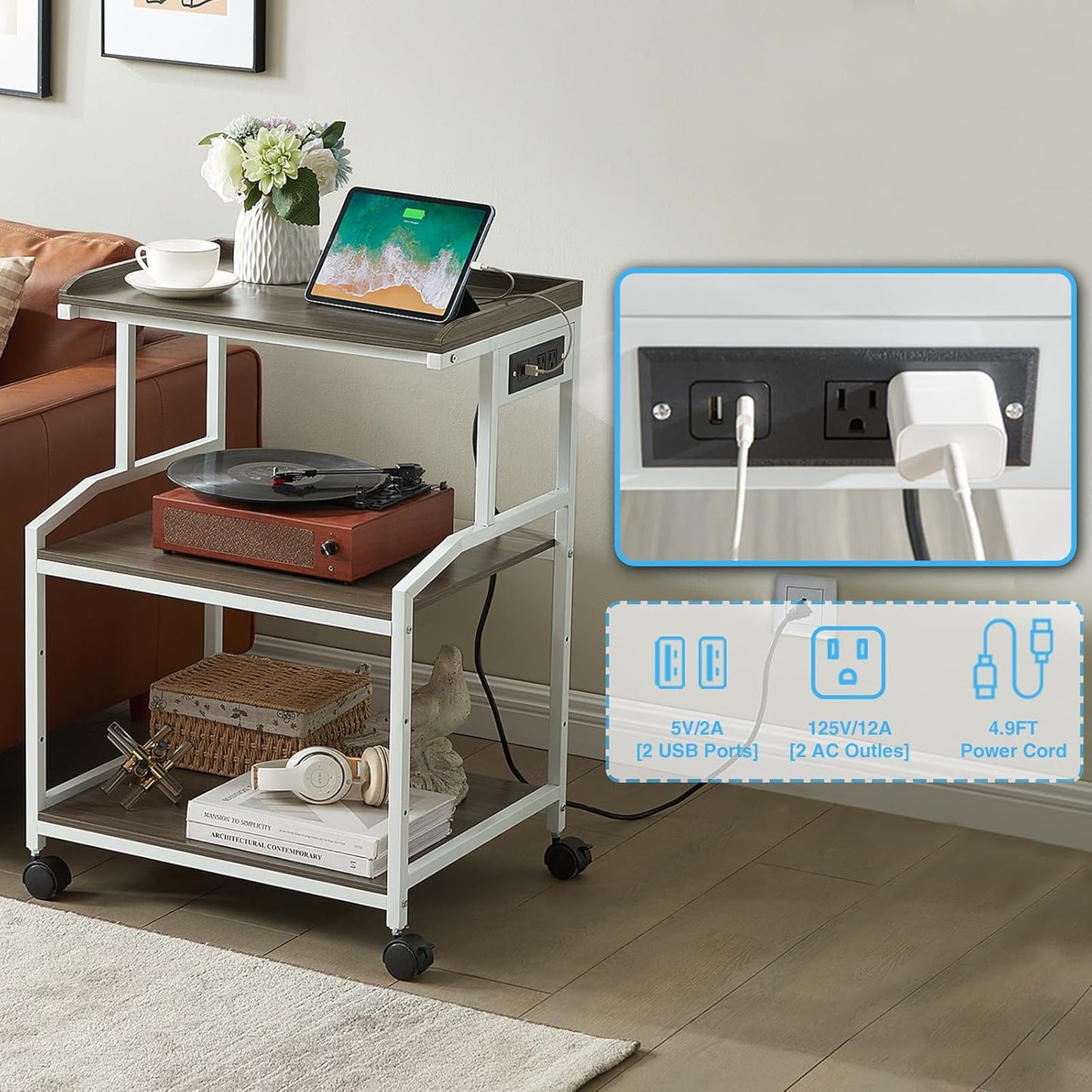 Lauren&Harold 34'' Printer Stand with Power Outlets & USB Ports, 3-Tier Adjustable Rolling Cart, Heavy Duty 150LBS Storage Table with Wheels for Office, Kitchen, Living Room, Grey/White