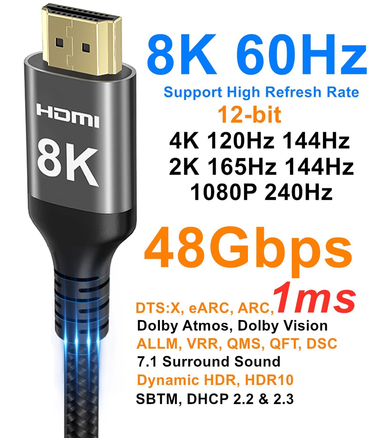 8K HDMI Cable 48Gbps 33 FT, Nylon Braided High Speed HDMI® Cable 4k 120Hz 2k 165Hz 8k 60Hz 12bit eARC ARC Dolby Atmos HDR10+ HDCP2.3 Compatible for Gaming PC TV Soundbar Monitor Mac PS5 Xbox