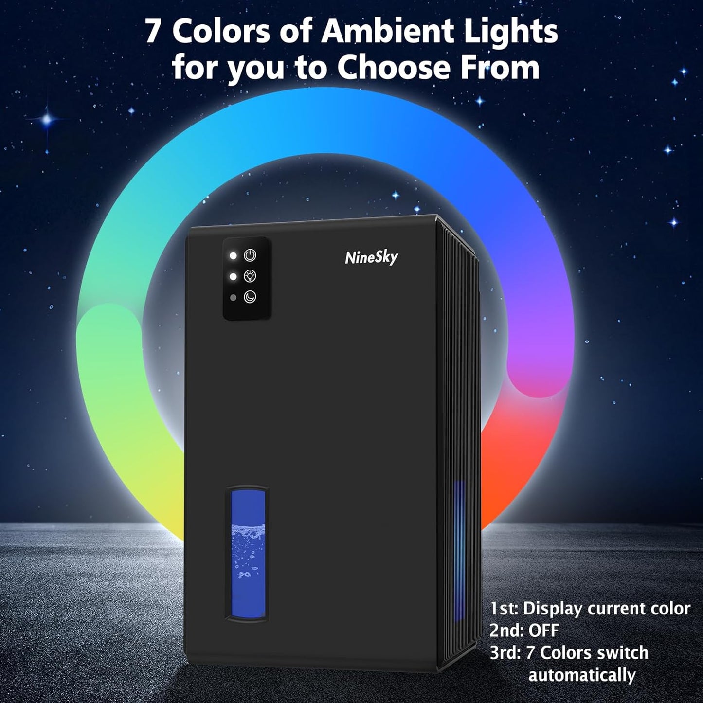 NineSky Dehumidifiers for Home, 95 OZ Water Tank, (1000 sq.ft) Dehumidifiers for Bathroom Bedroom Basement with Auto Shut Off,7 Colors LED Light(Black)