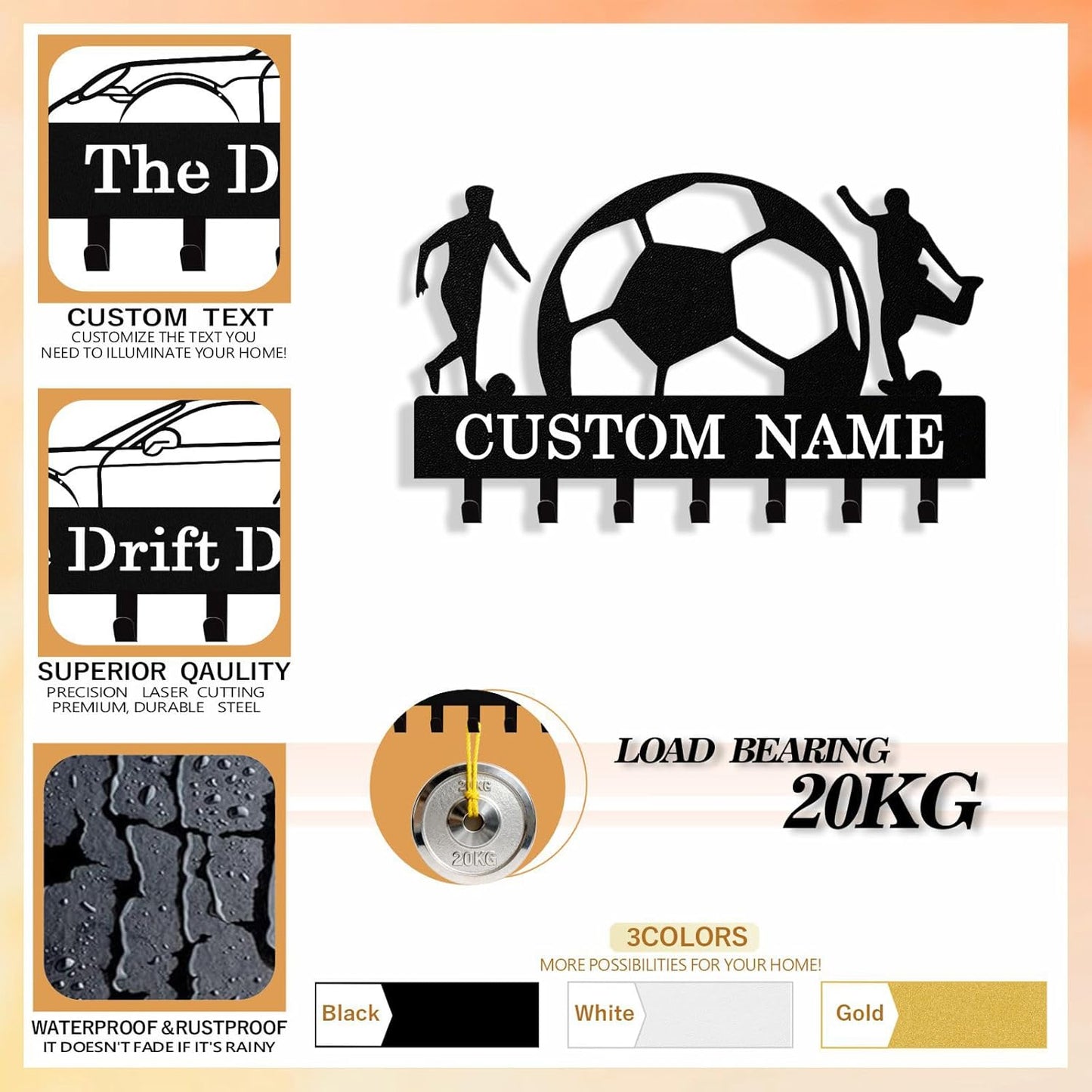 Personalized Football Key Holder Wall Mount, Custom Metal Key Rack Key Holder with Name, Deer Cabin Wall Keys Hanger with Hooks for Entryway, Front Door, Hallway, Kitchen, Living Room