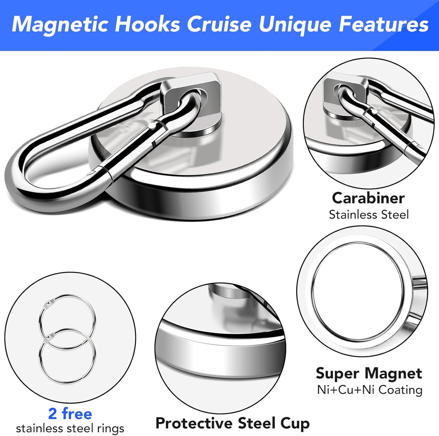 LOVIMAG Magnetic Hooks Heavy Duty, 200LBS+ Super Strong Magnetic Hooks Cruise, Powerful Neodymium Magnets Hook with Swivel Carabiner Hook for Hanging, Kitchen, Cruise Cabins, Grill, Tool Room-2 Pack