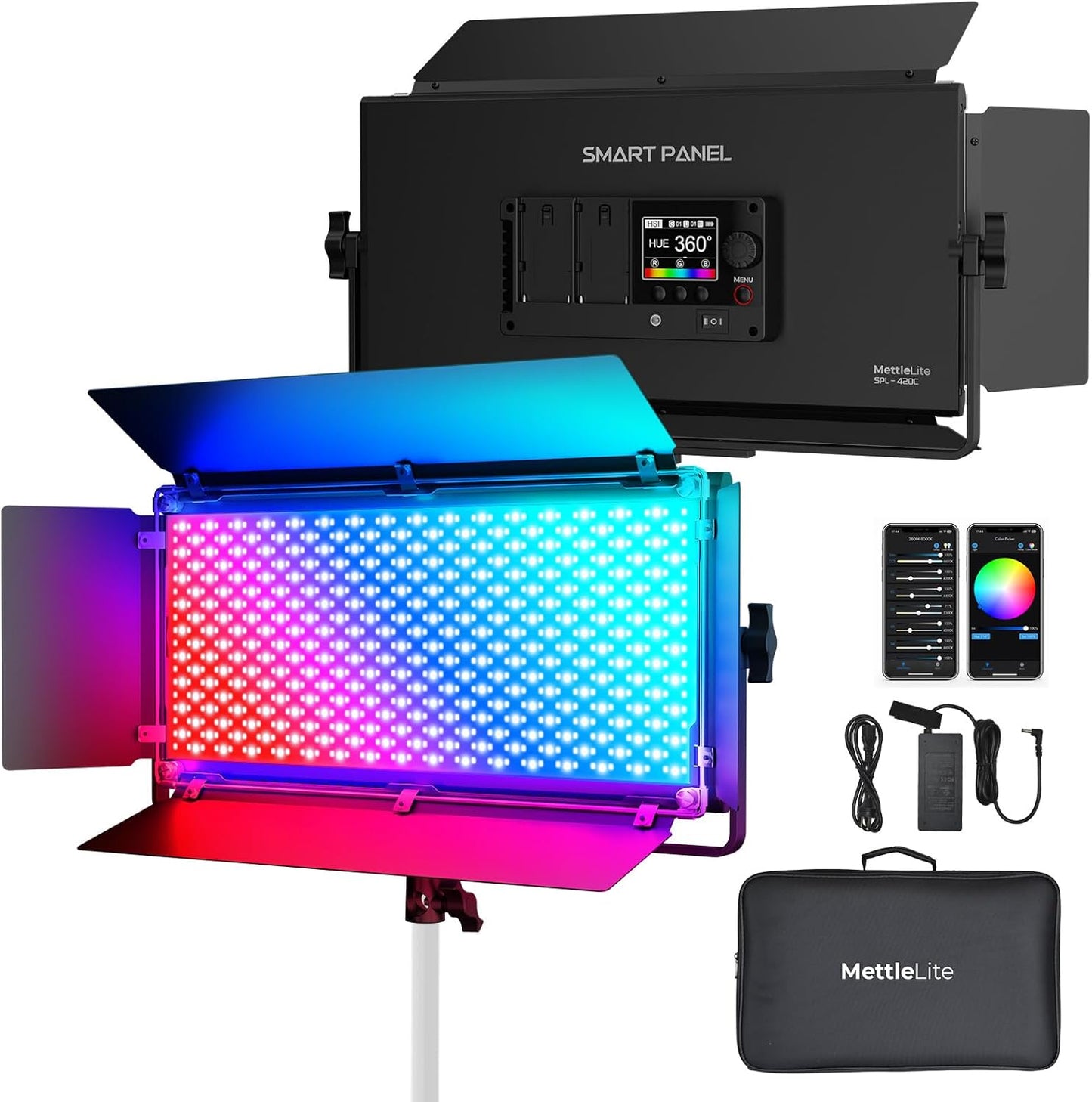 Mettlelite LS800C RGB Light Stick and Mettlelite SPL420C LED Video Light Full Color Video Light with APP Control 2800K-8000K CRI96 TLCI97 RGB CCT HSI Mode LED Light Bundle