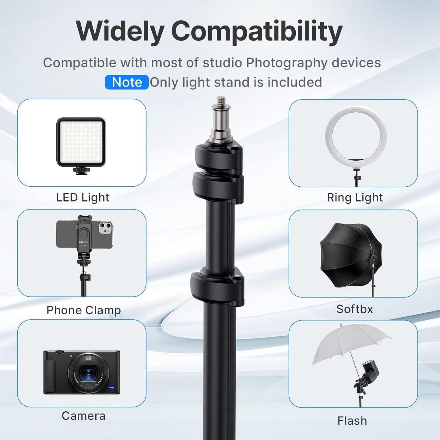 ULANZI Black Aluminum Light Stand, 6.32ft Extendable Tripod for Strobe Lights, Webcams, Cameras & Softboxes