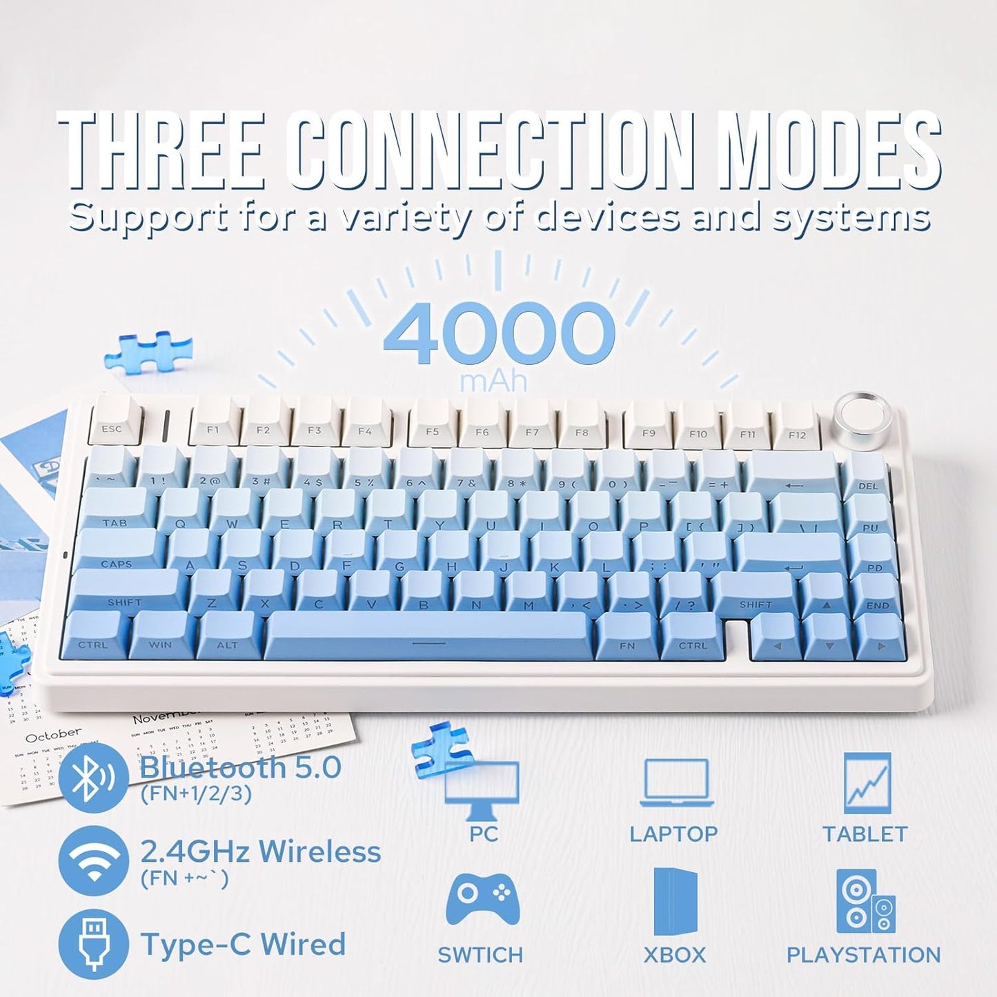 EPOMAKER x Aula F75 Gasket Mechanical Keyboard, 75% Wireless Hot Swappable Gaming Keyboard with Five-Layer Padding&Knob, Bluetooth/2.4GHz/USB-C, RGB (Blue Gradient, LEOBOG Reaper Switch)