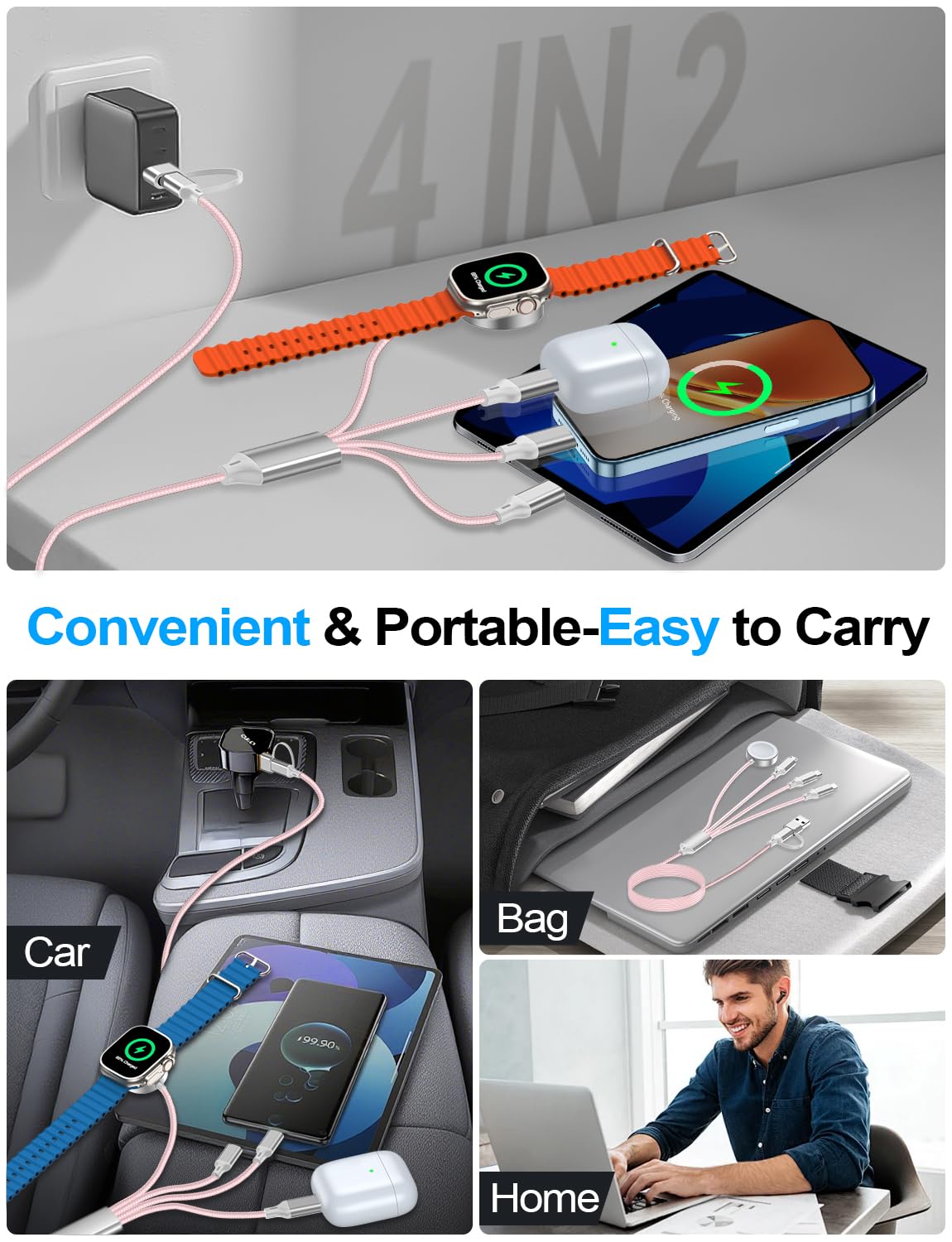 2 Pack Charging Cable for Apple Watch Charger/Samsung/iPhone Charger,Car/Office/Camping/Travel Essentials,Type C Cable Cord for iWatch Ultra/10-2/iPhone 16-11/Samsung S25-S20,iPad,airPods-Pink