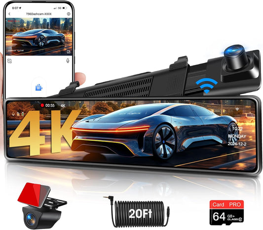 WiFi 4K Rear View Mirror Camera 12" Mirror Dash Cam Front and Rear w 64G TF Card WDR & HDR Night Vision Loop Recording 24H Parking Assistance Rear View Mirror Dash Cam 2160P