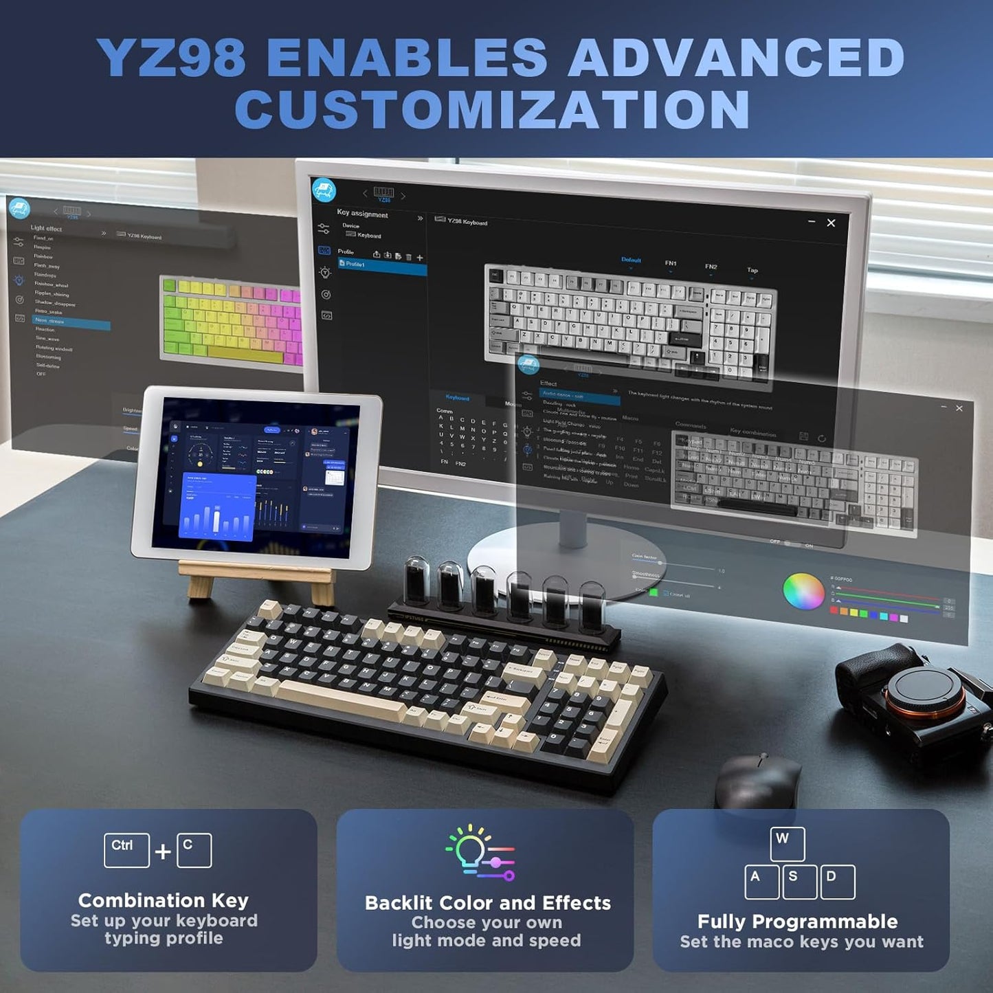YUNZII YZ98 Gasket Mechanical Keyboard,99 Key Hot Swappable BT5.0/2.4G/USB-C Wireless NKRO 98% 1800 Layout with RGB LED Backlit for Linux/Win/Mac(Black, Cocoa Cream V2 Switch)