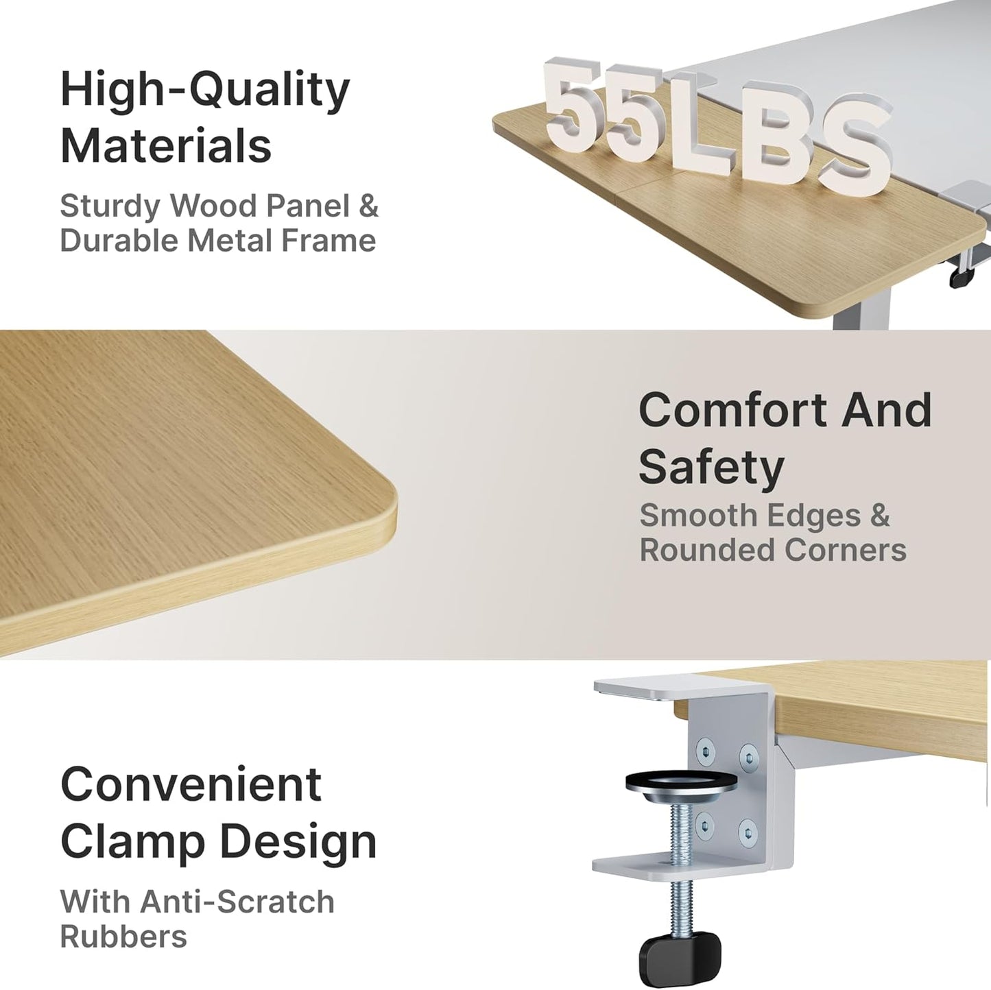 Desk Extender Tray, 28" x 12" Clamp On Desk Shelf, Desk Extension with Laptop Holder, Table Desk Arm Rest, Clamp On Keyboard Tray for Office and Home, Workstation Organizer, Large, Wood